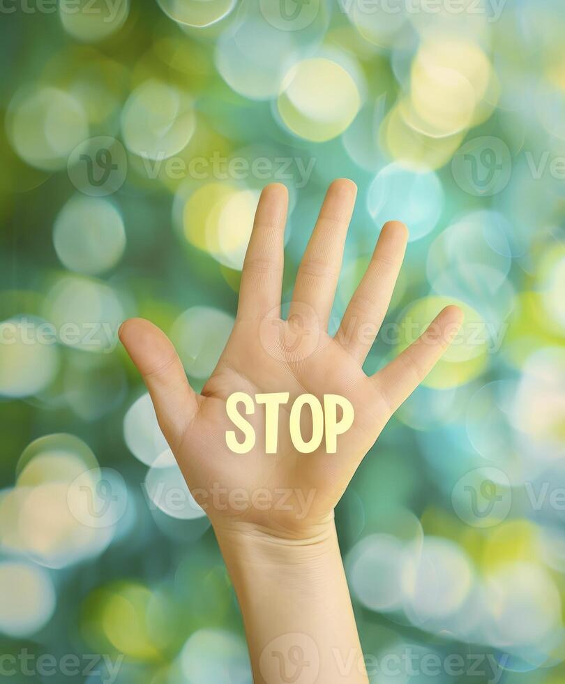 AI generated A hand with the text STOP against bokeh background. Stop polluted earth concept, Earth day. photo