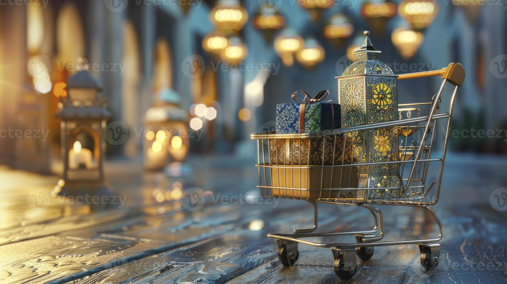 AI generated Shopping cart with gift boxes eid concept photo