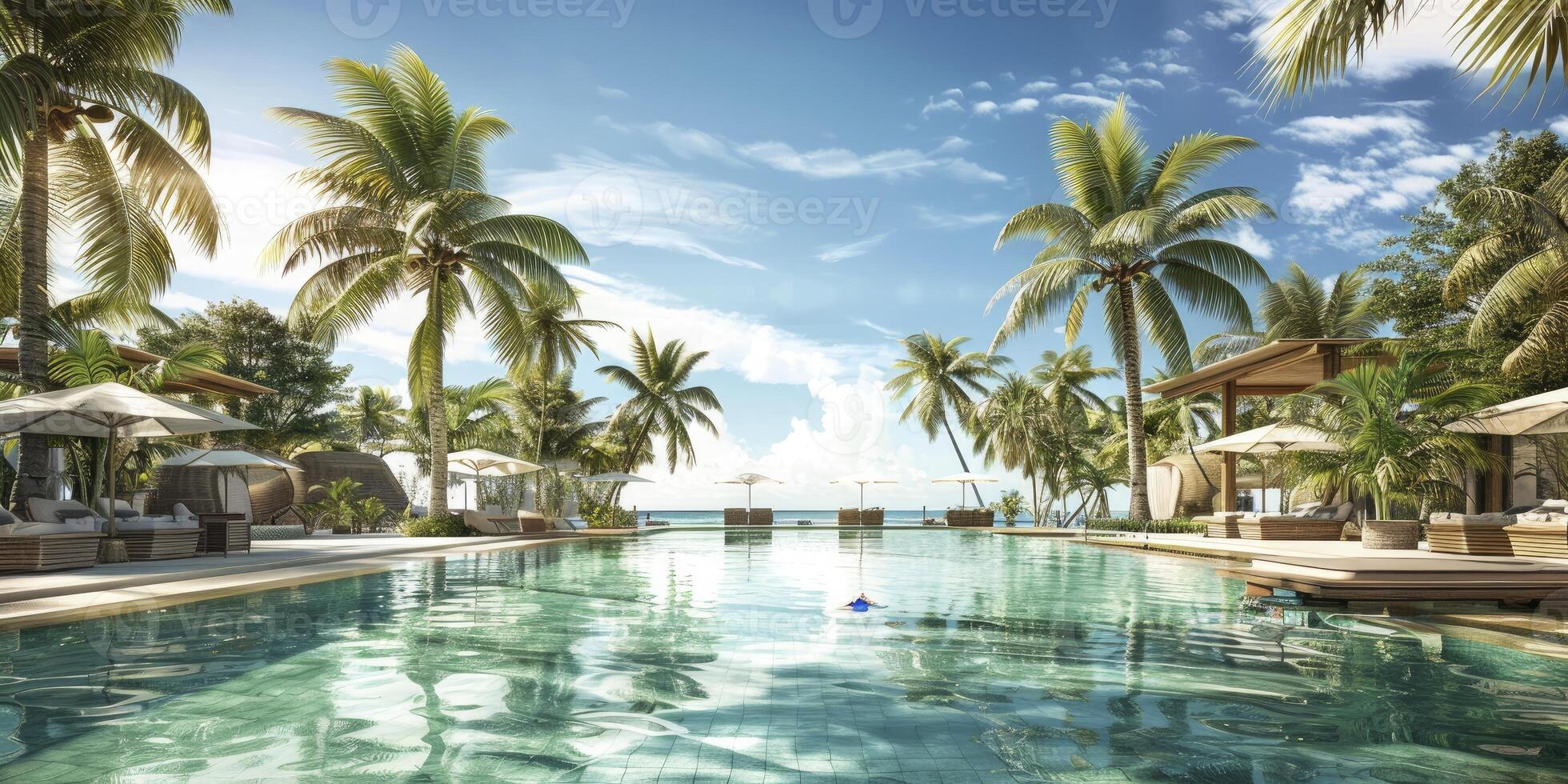 ai generado tropical paraíso. isla palma árboles, nadando quinielas, y Brillo Solar en un Perfecto soleado día. foto