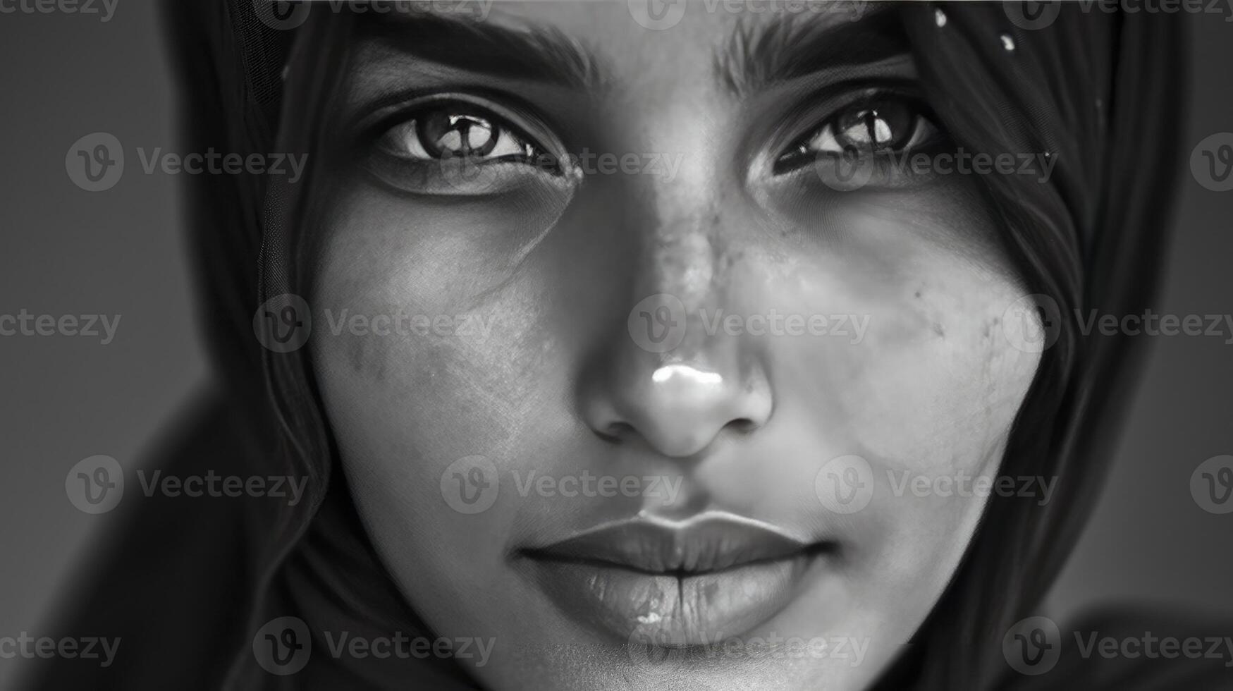 AI generated Elegant Grace. Black and White Photography Showcasing the Beautiful Features of an Arab Girl, Capturing Timeless Beauty and Sophistication. photo