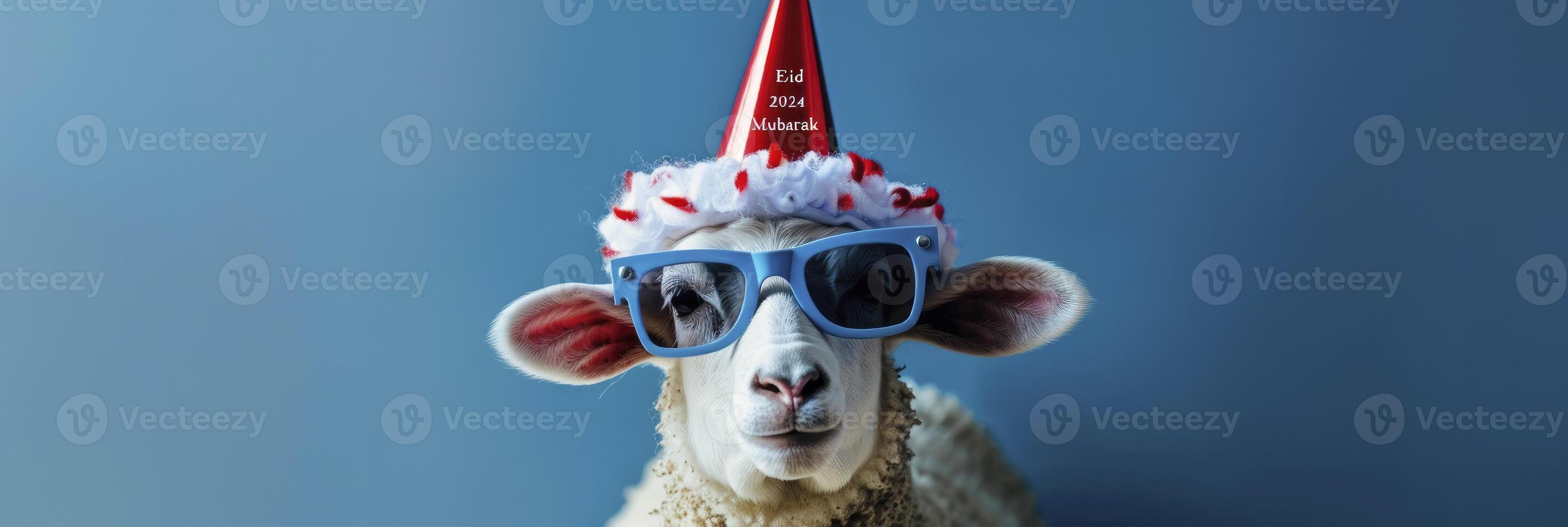 AI generated Eid concept sheep wearing a party hat and sunglasses, with the text Eid Mubarak photo