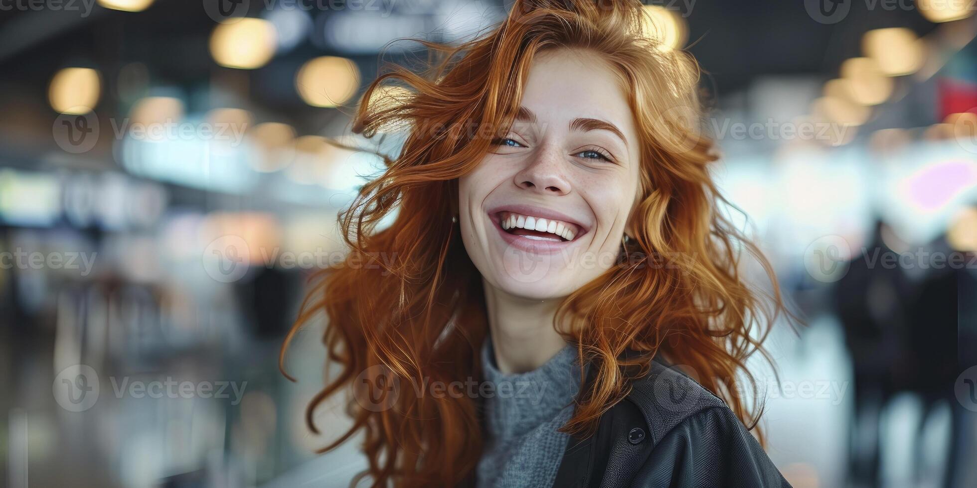 AI generated Airport Chic. A Young Woman, Red-Haired Supermodel, Radiates Style and Confidence in a Sleek Black Suit, Navigating the Bustle of the Airport. photo