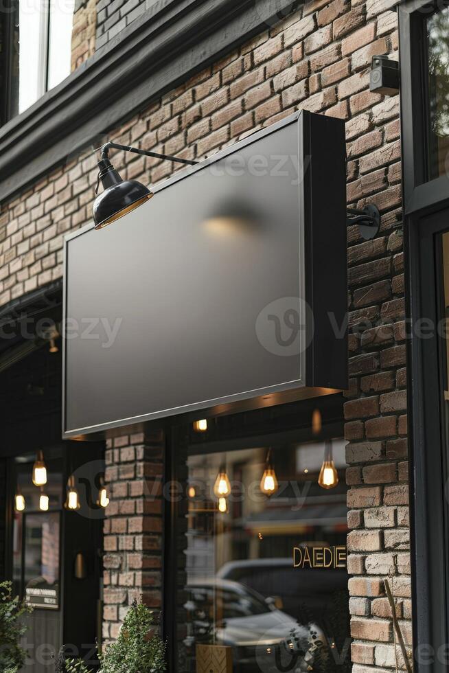 AI generated Modern Close-Up of the Vertical Sign Atop a New Restaurant, Signifying Contemporary Style and Culinary Excellence. photo