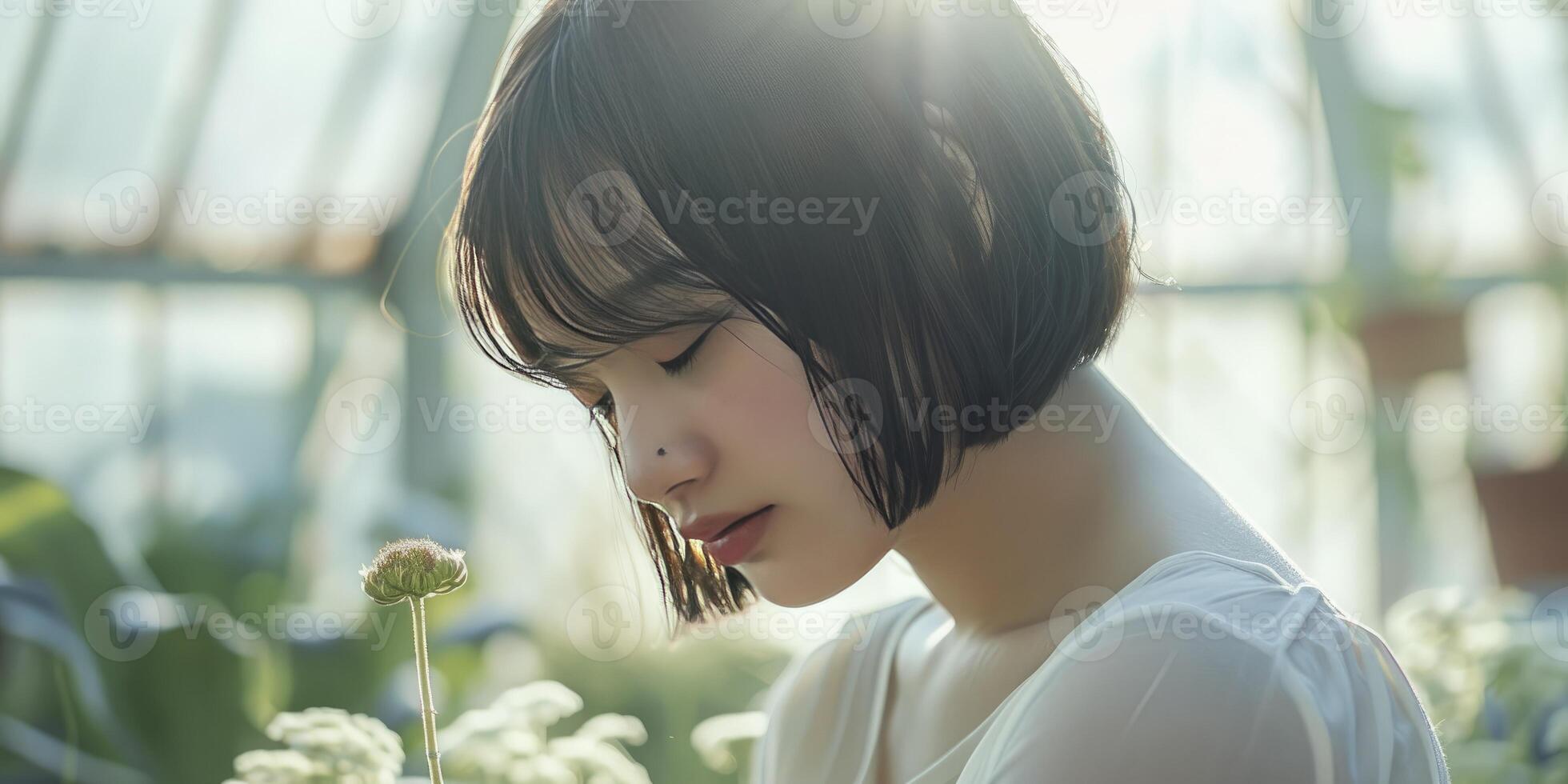 AI generated Serene Contemplation. A Young, Beautiful Girl Poses with Head Bowed, Short Hair Framing Her Face, Amidst the Greenery of a Greenhouse. photo