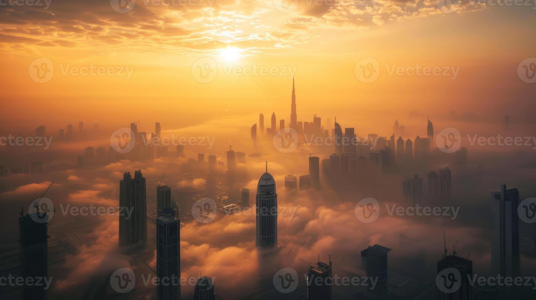 AI generated Aerial view of skyscrapers and buildings in the fog at sunrise photo