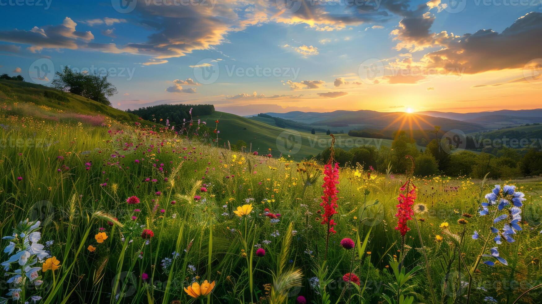 AI generated Meadow with wild flowers at sunset. Beautiful summer landscape. photo