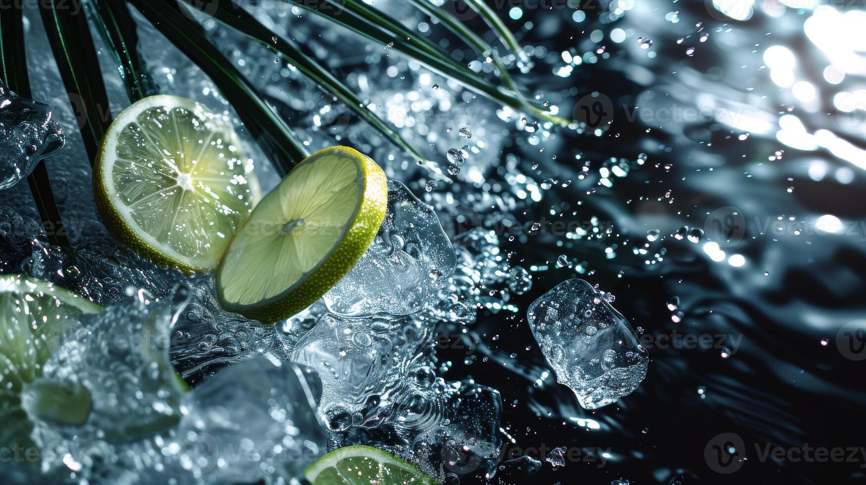 AI generated Lime and ice on black background with water splashes. photo