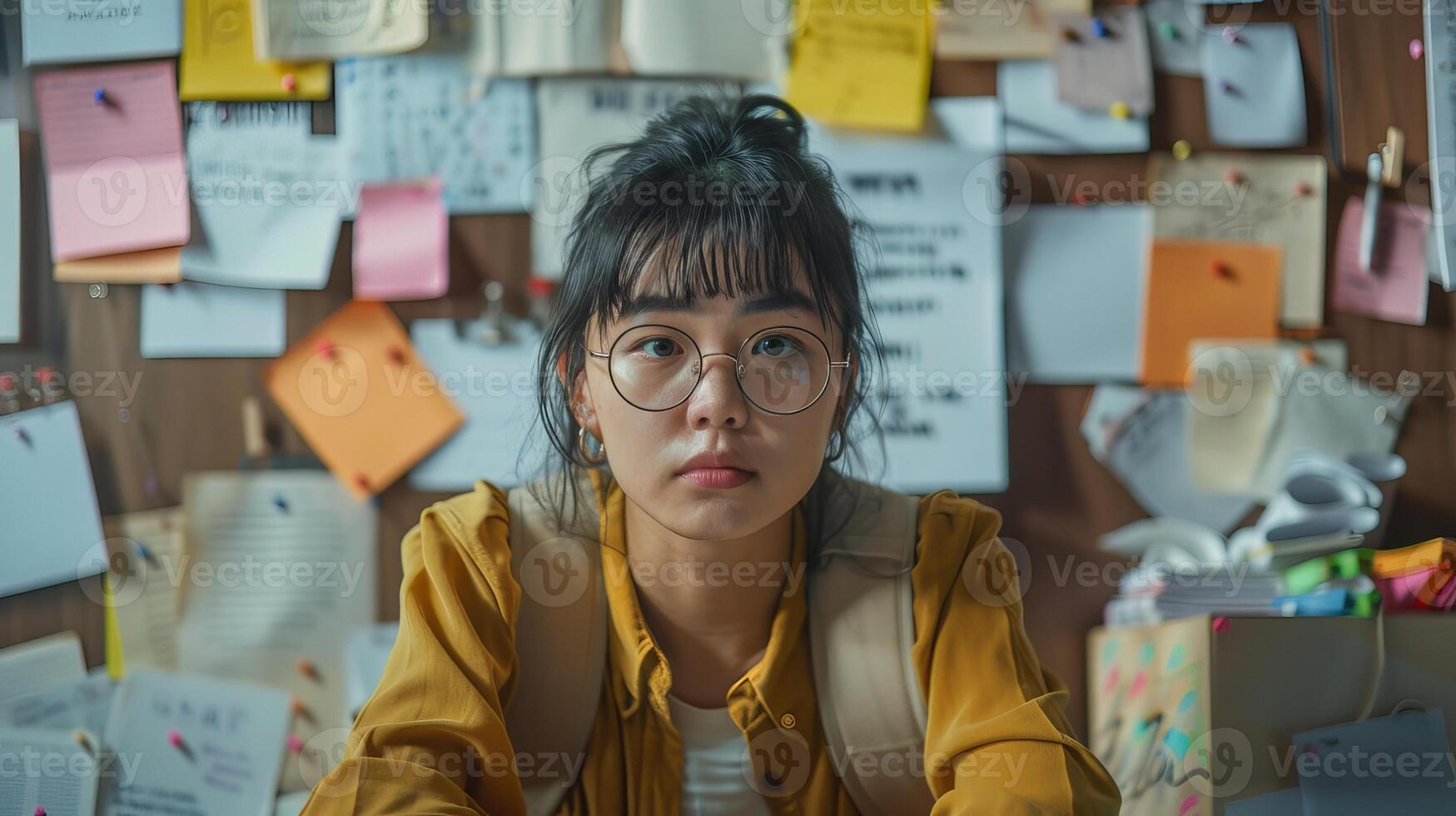 AI generated Asian businesswoman sitting at her desk in office photo