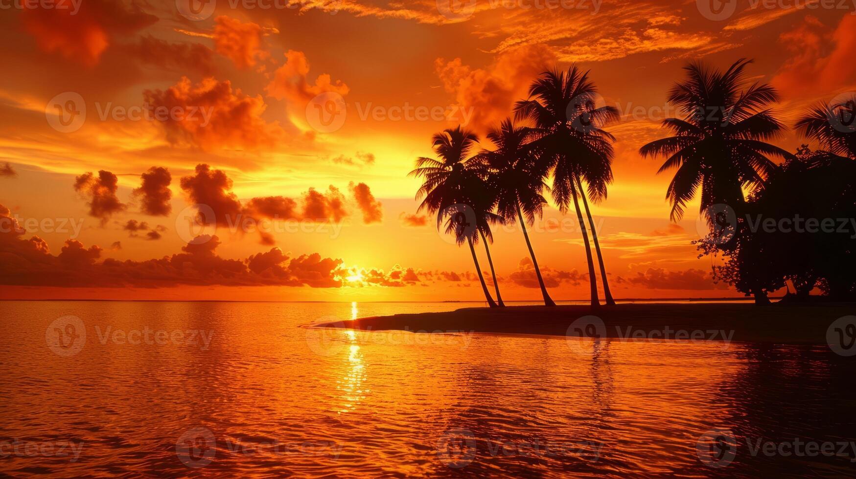 AI generated Palm trees silhouetted against sunset on tropical island photo