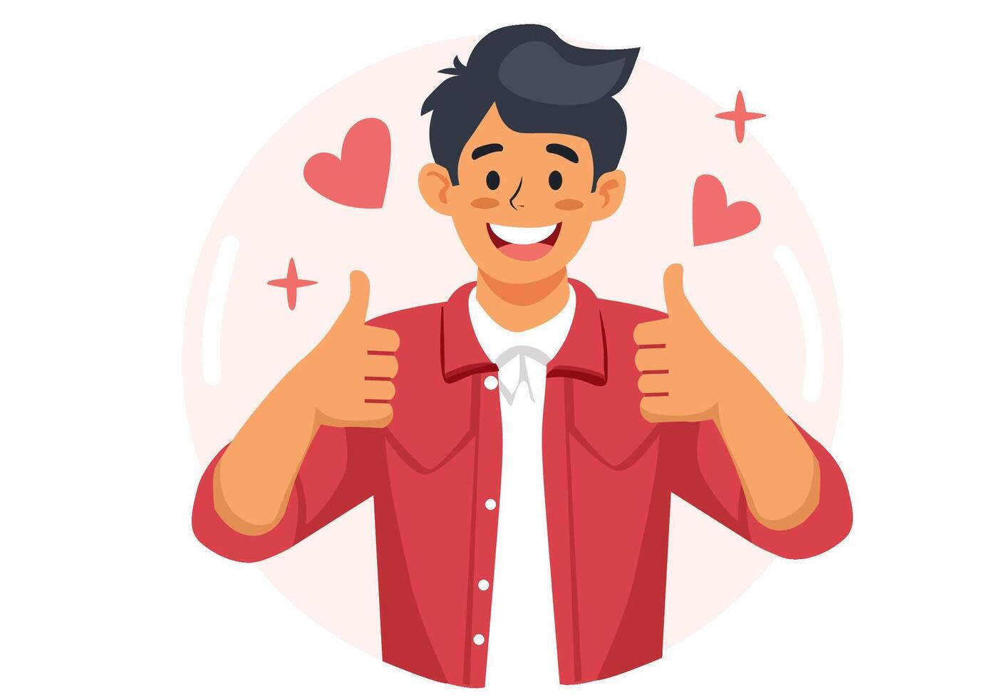 A friendly looking young man gave both thumbs up. Express your gratitude. Vector illustration