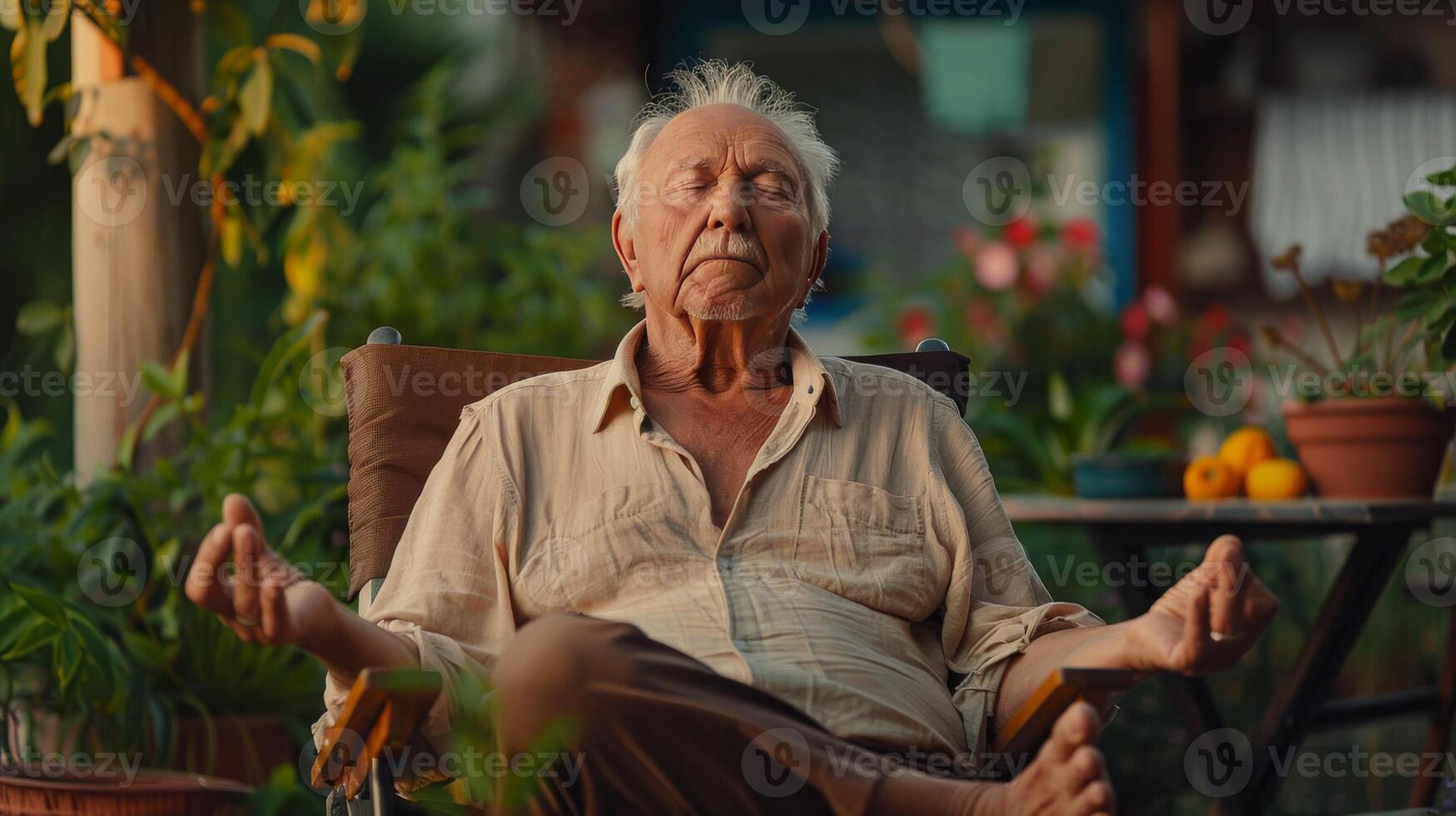 AI generated Old man do yoga indoors photo