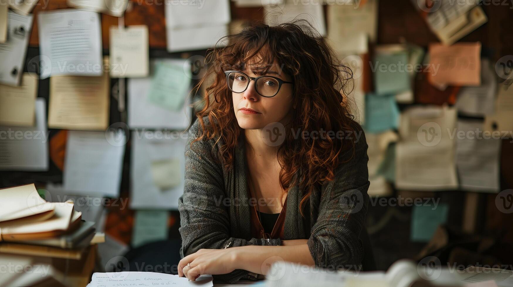 AI generated Serious young woman in eyeglasses sitting in the office photo