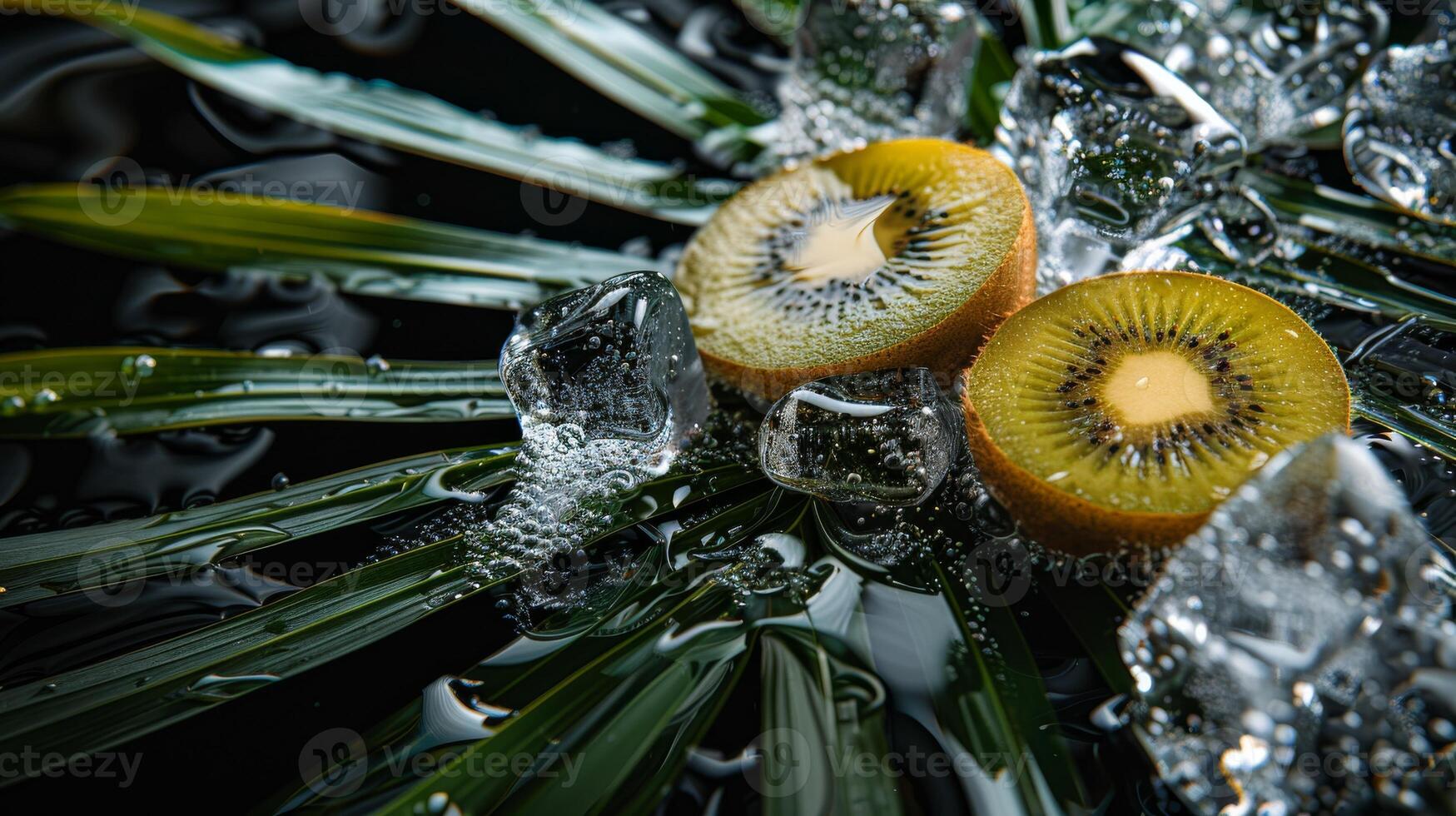 ai generado kiwi Fruta y hielo cubitos en negro antecedentes foto