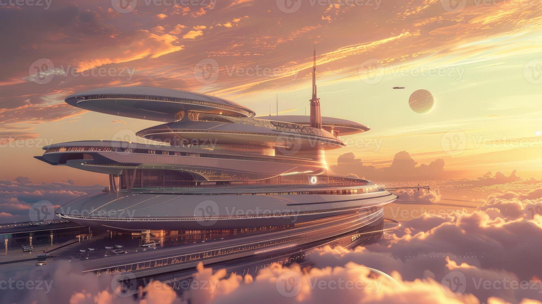 AI generated Futuristic space ship in the clouds at sunset. photo