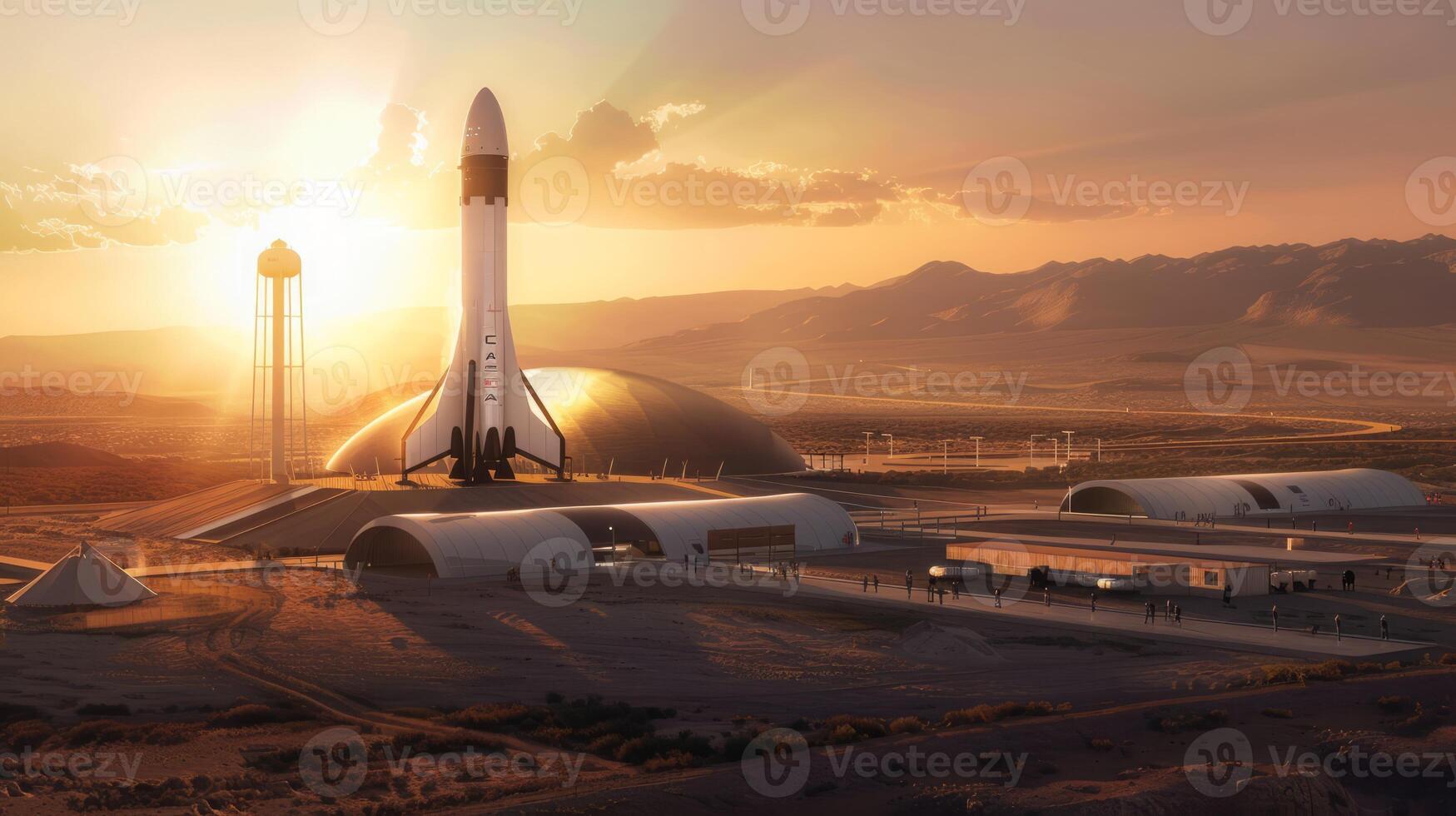 AI generated Space rocket in the desert at sunset. photo