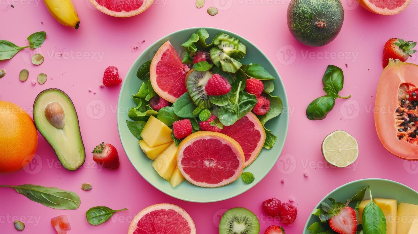 ai generado sano Fruta ensalada con pomelo, kiwi, melón, palta, piña, mango y albahaca hojas en rosado antecedentes foto