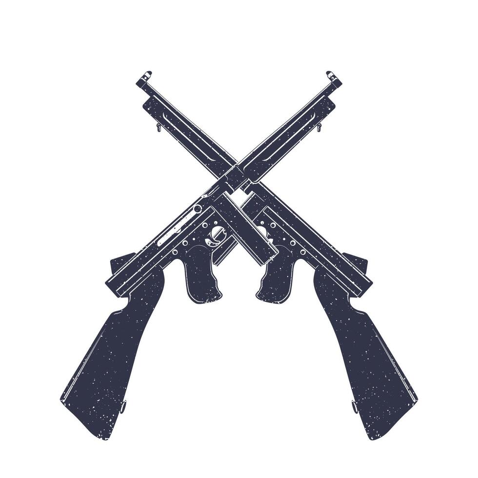 american submachine guns over white, two crossed retro firearms vector