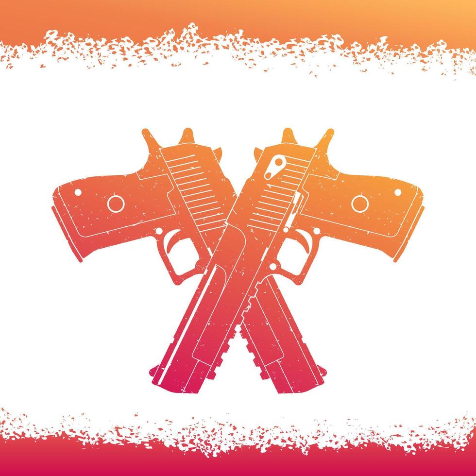 crossed powerful pistols, big handguns over white, vector illustration