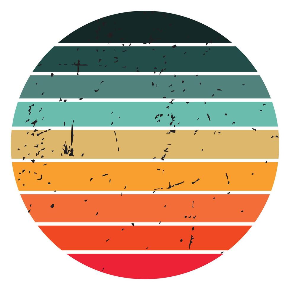 Retro Vintage Sunset Design Sun retro badge and emblem set. Abstract ocean view background inside circles shapes with geometric vintage distressed style. Perfect for sticker, logo, icon, t-shirt or an vector