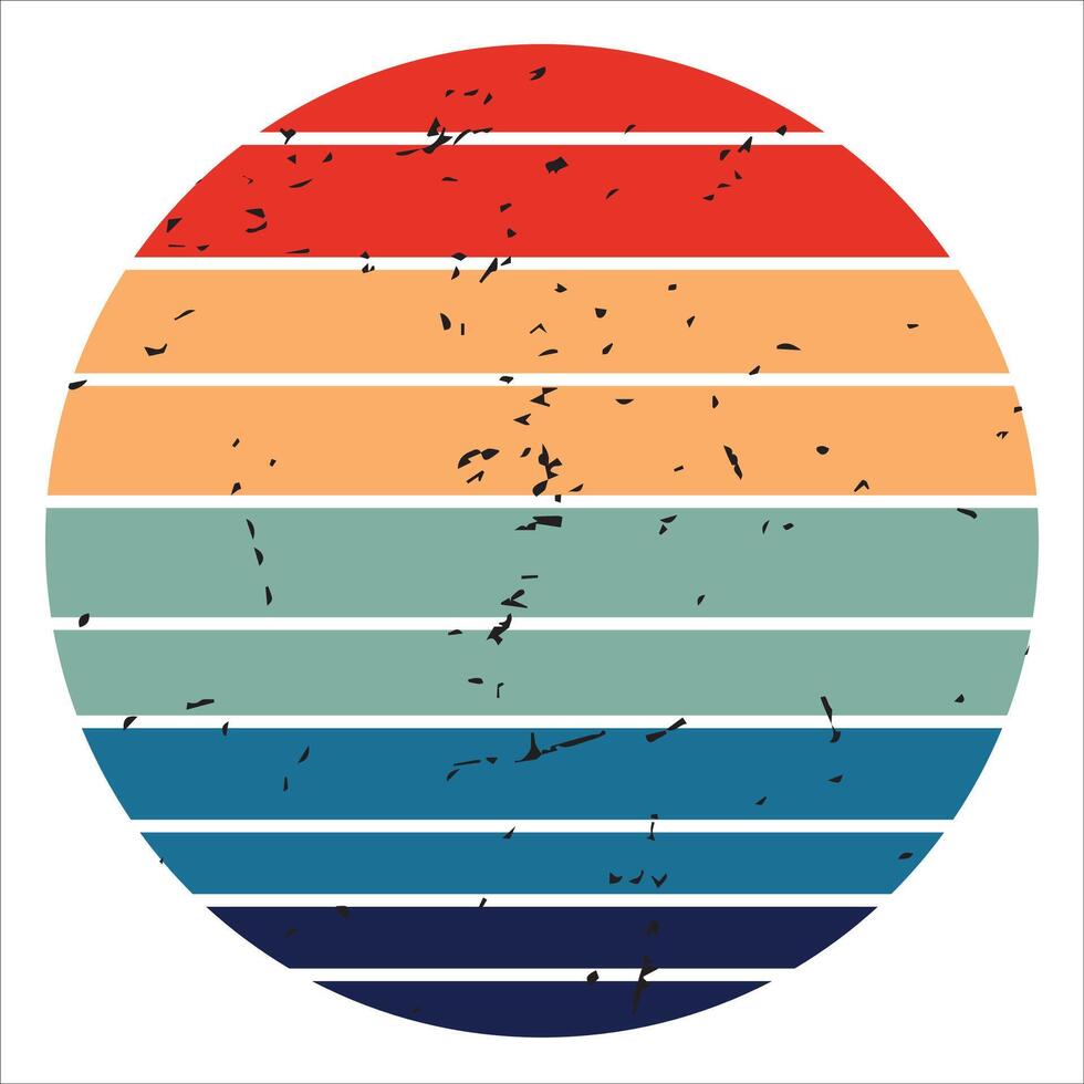 Retro Vintage Sunset Design Sun retro badge and emblem set. Abstract ocean view background inside circles shapes with geometric vintage distressed style. Perfect for sticker, logo, icon, t-shirt or an vector