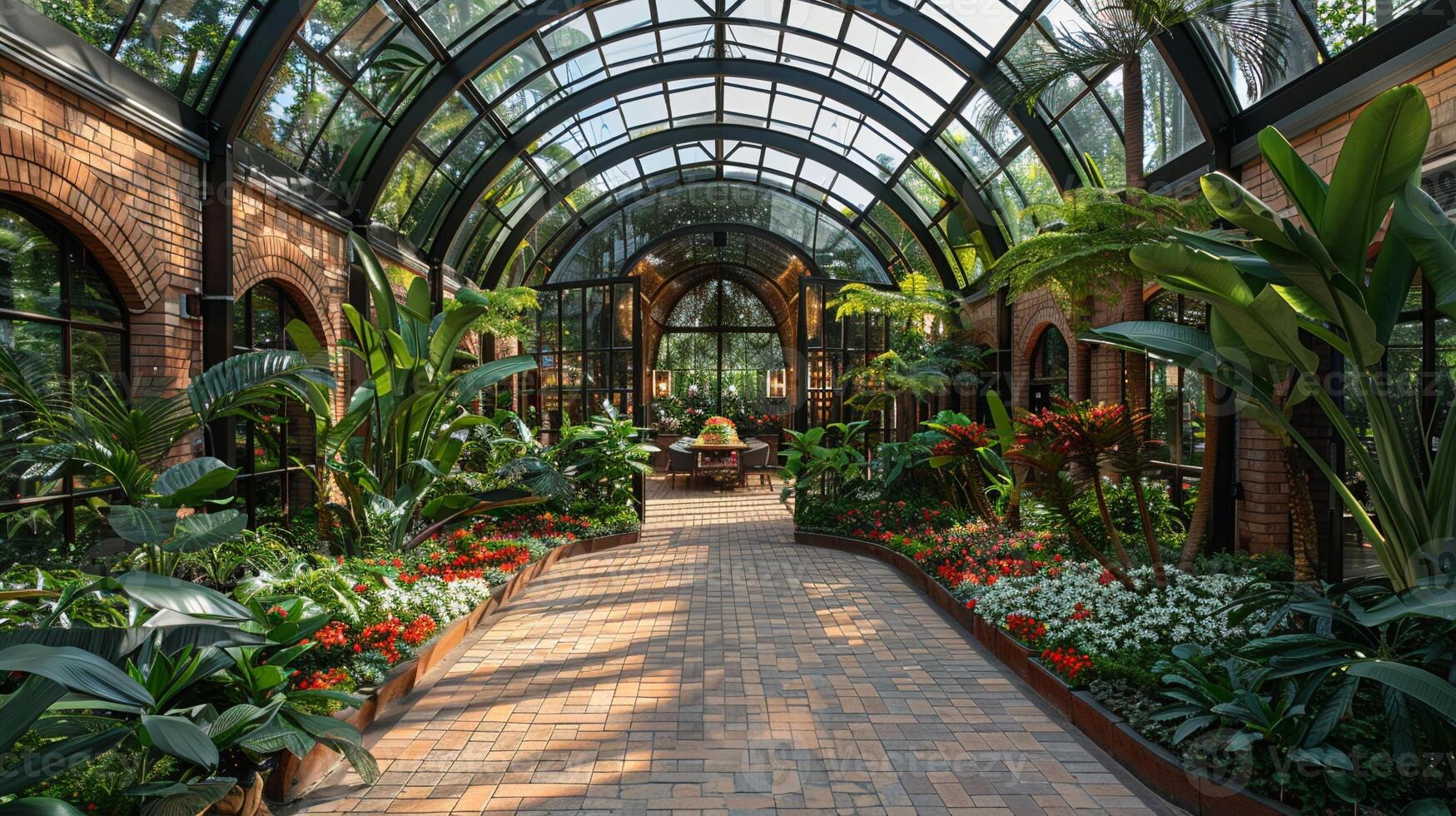 AI Generated Tropical conservatory with exotic plants and a glass roof photo