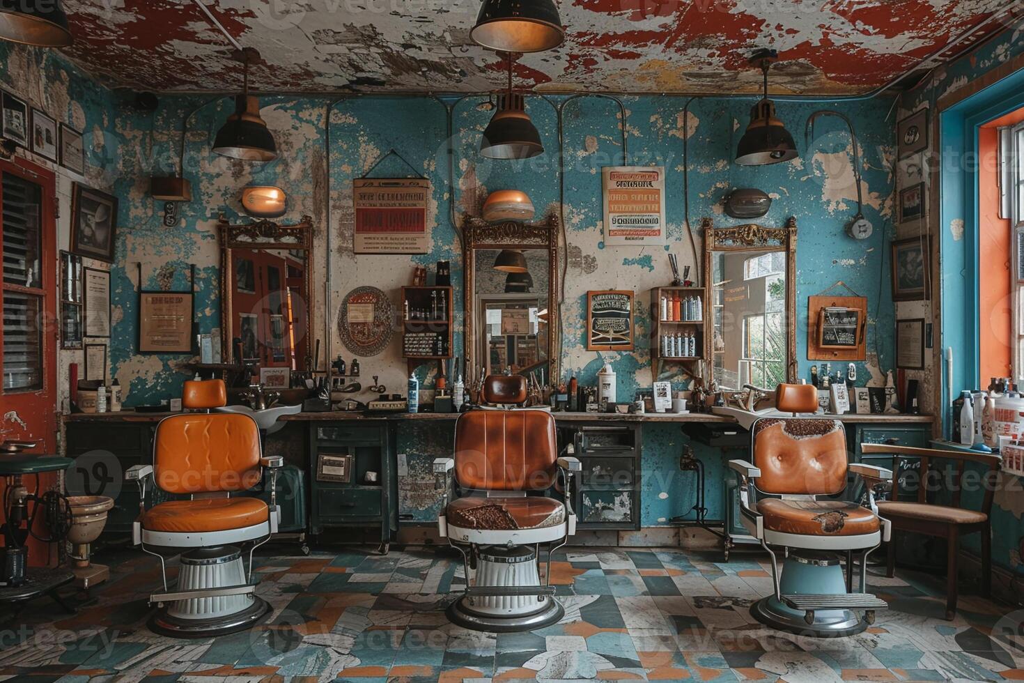 AI Generated Vintage barbershop interior with classic chairs and nostalgic decor photo