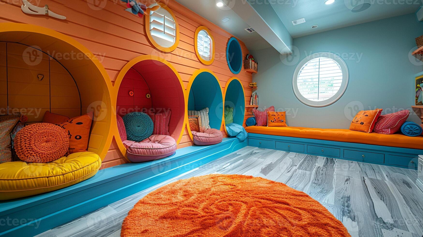 AI Generated Whimsical childrens playroom with bright colors and imaginative decor photo