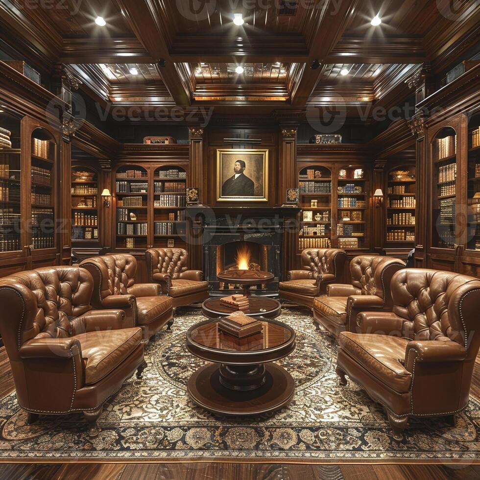 AI Generated Sophisticated cigar lounge with rich leather chairs and wood accents photo