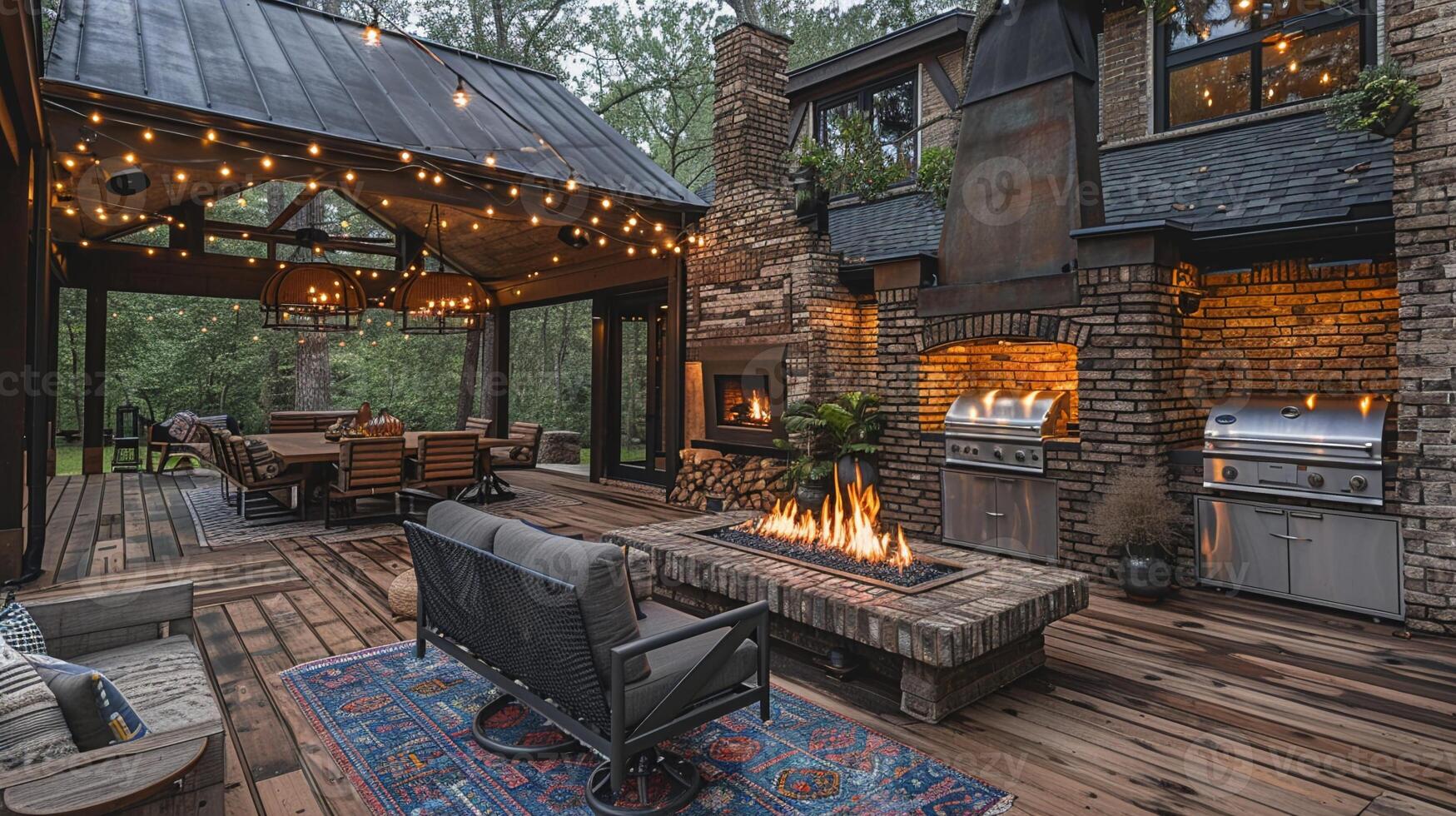 AI Generated Rustic outdoor kitchen and dining area with a fire pit and string lights photo