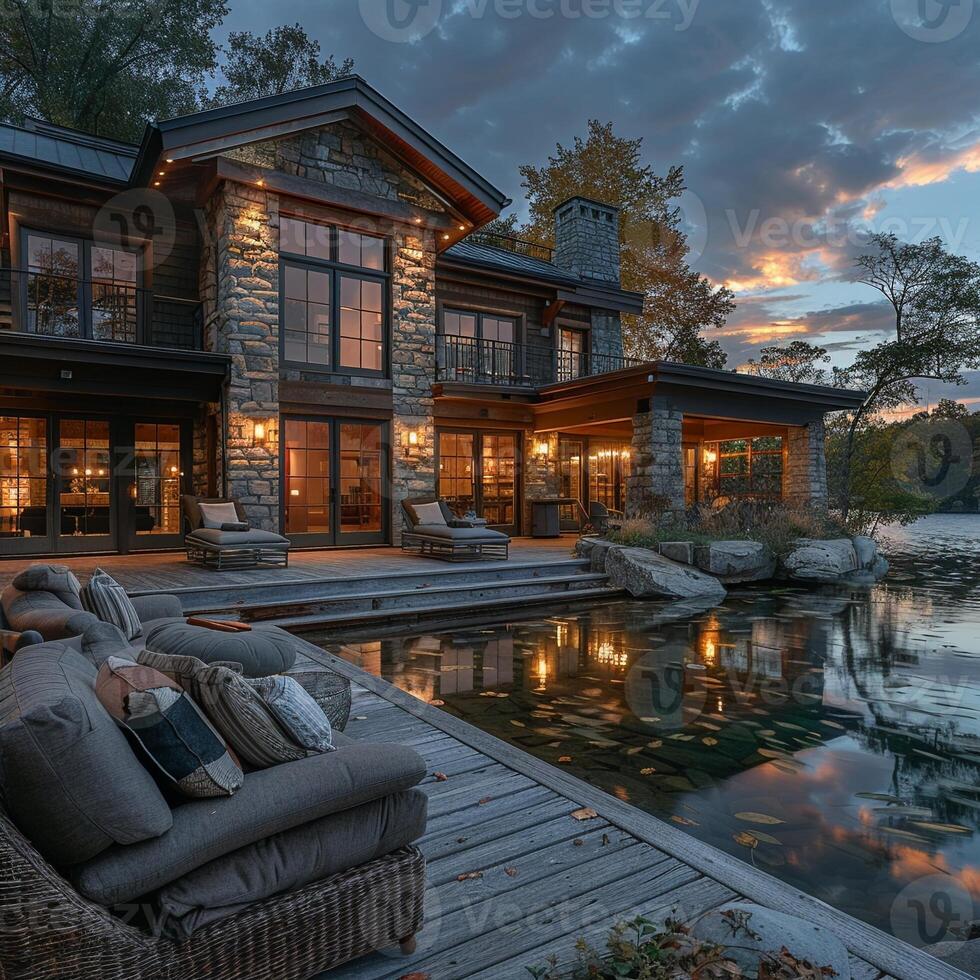 AI Generated Serene lake house with panoramic views and open living spaces photo