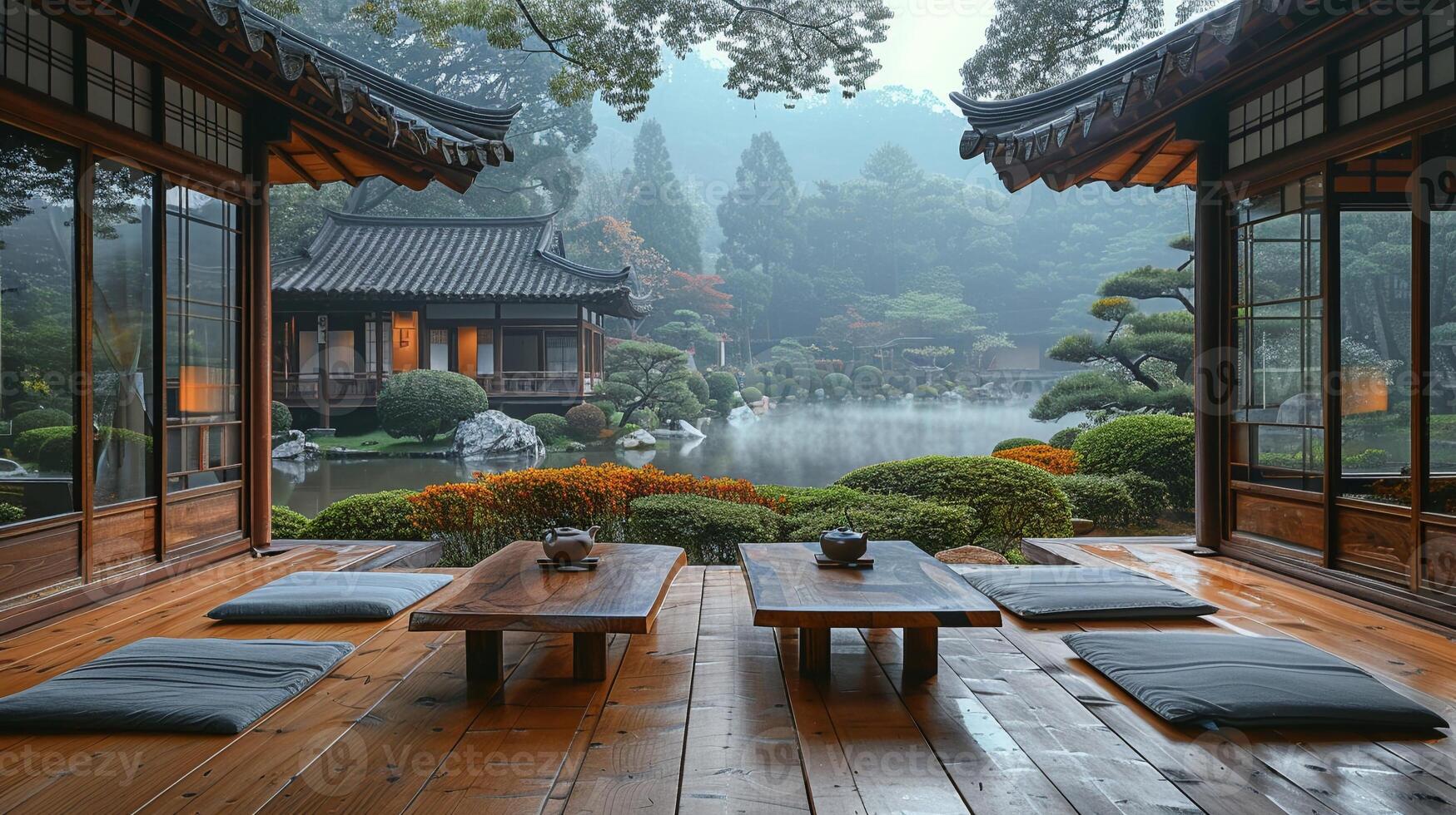 AI Generated Traditional tea house with wooden architecture and peaceful garden views photo