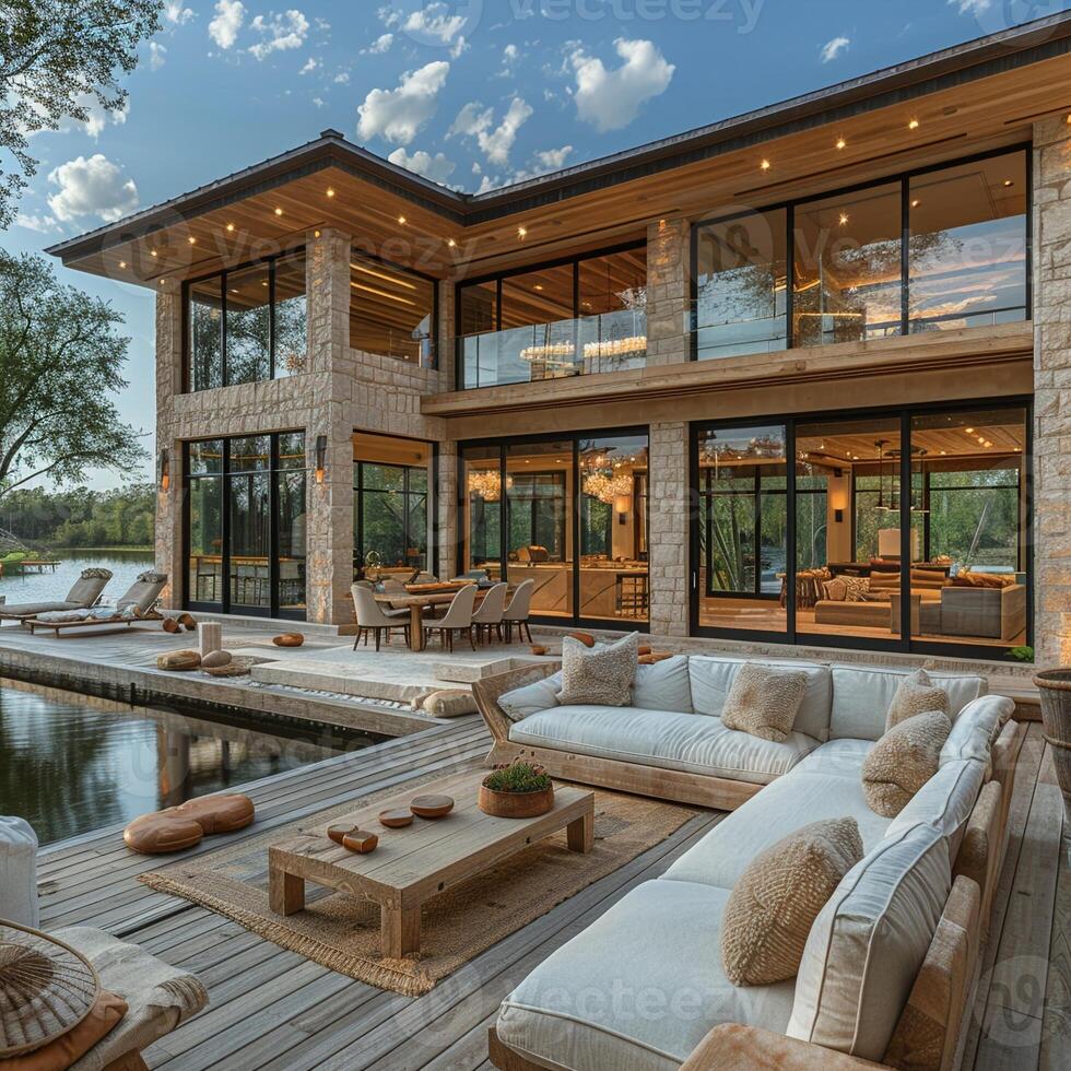 AI Generated Serene lake house with panoramic views and open living spaces photo