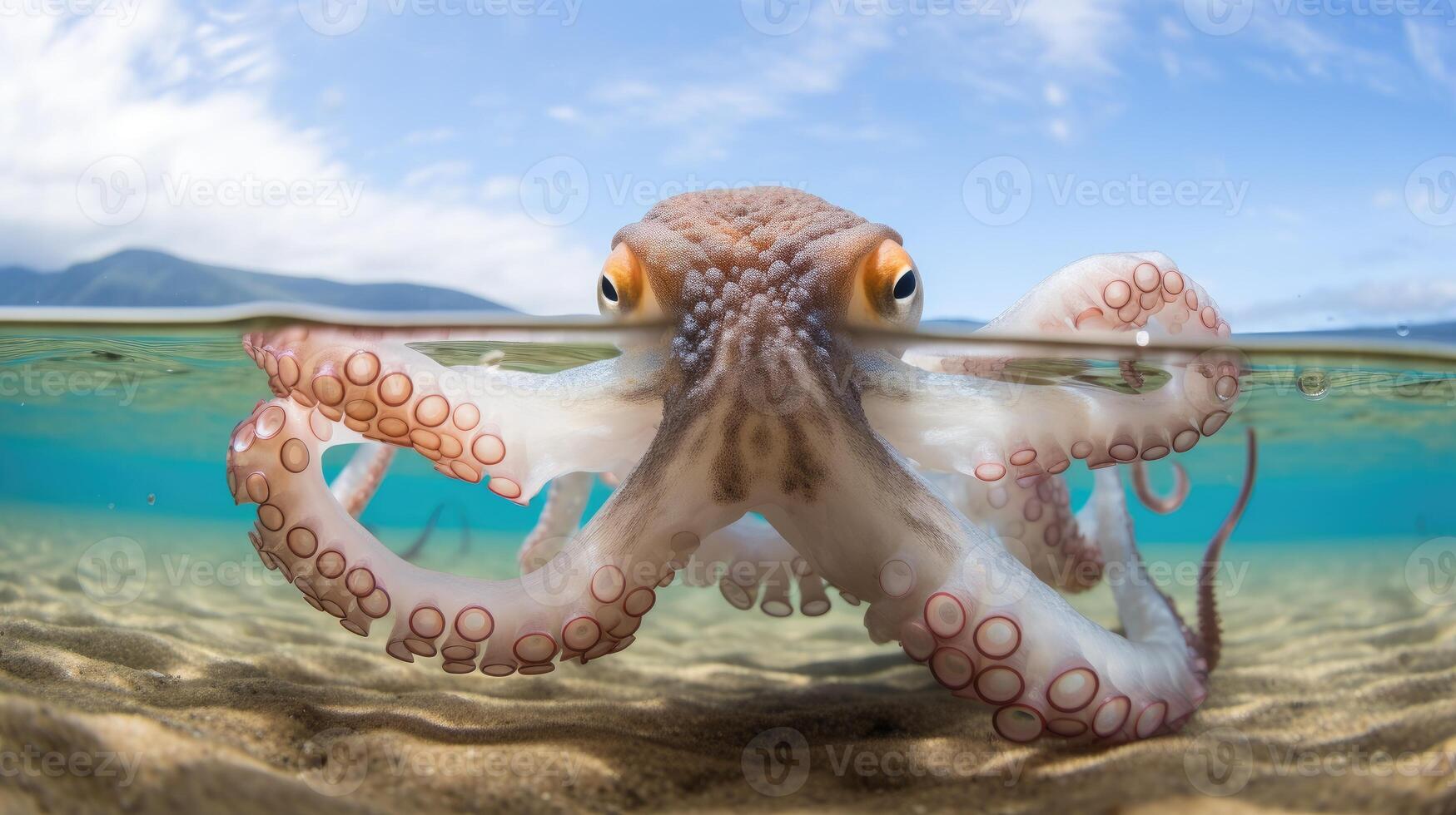 ai generado pulpo con ojos dos veces como grande, adornado en arco iris colores en ambos lados, ai generado. foto