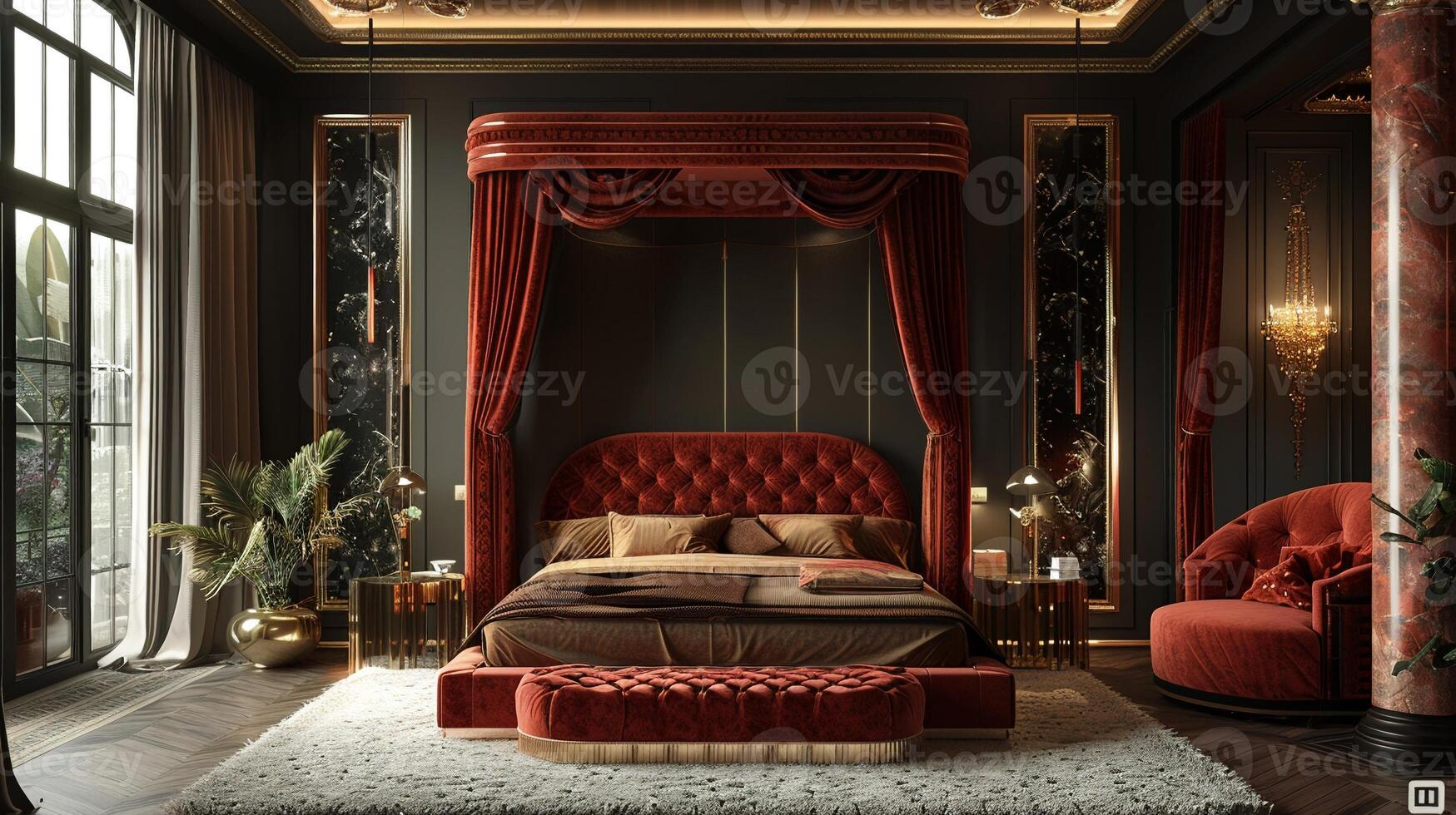 AI Generated Opulent bedroom with a velvet canopy bed and gold decorative elements photo