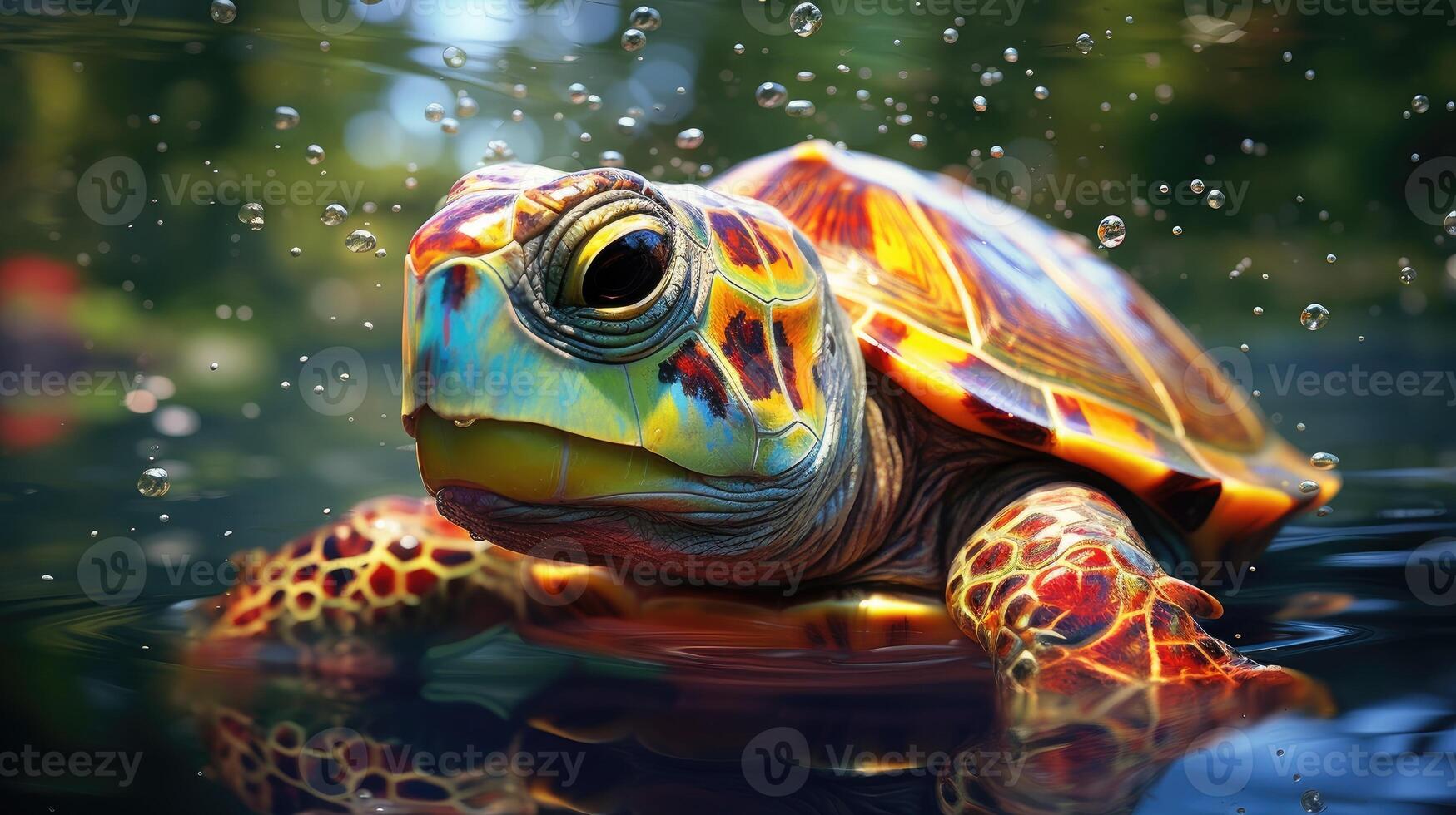 ai generado Tortuga con ojos dos veces como grande, adornado en arco iris colores en ambos lados, ai generado. foto