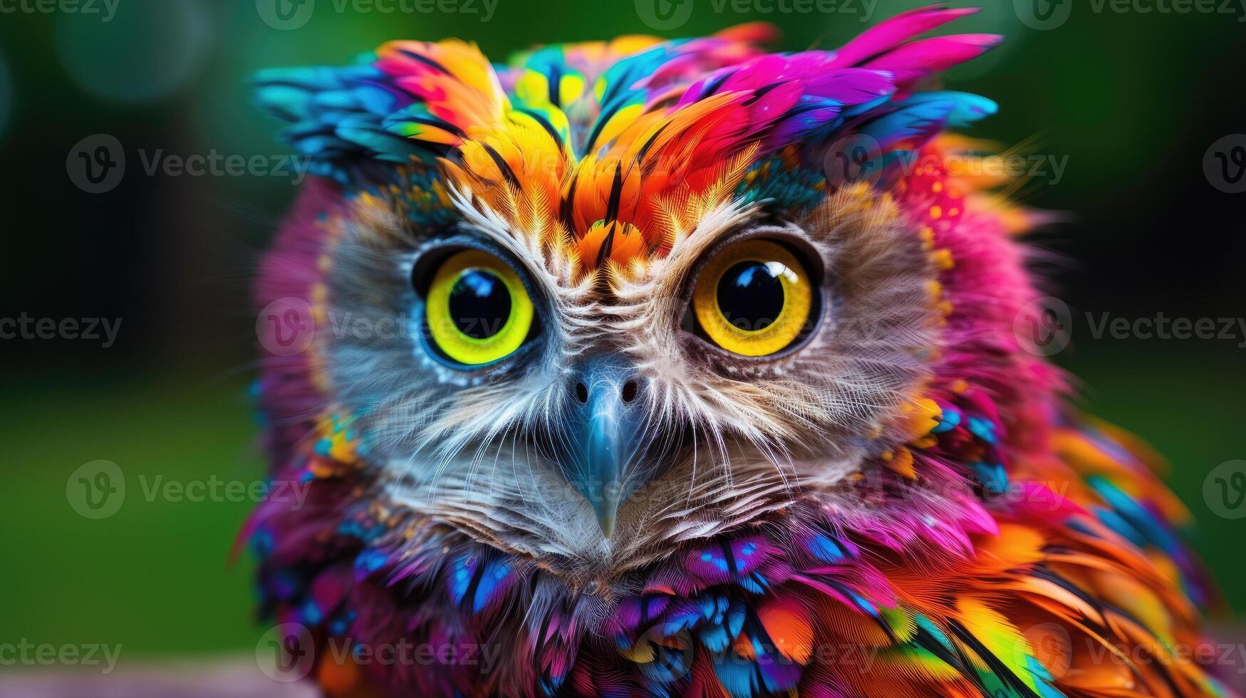 AI generated owl with eyes twice as big, adorned in rainbow colors on both sides, Ai Generated. photo