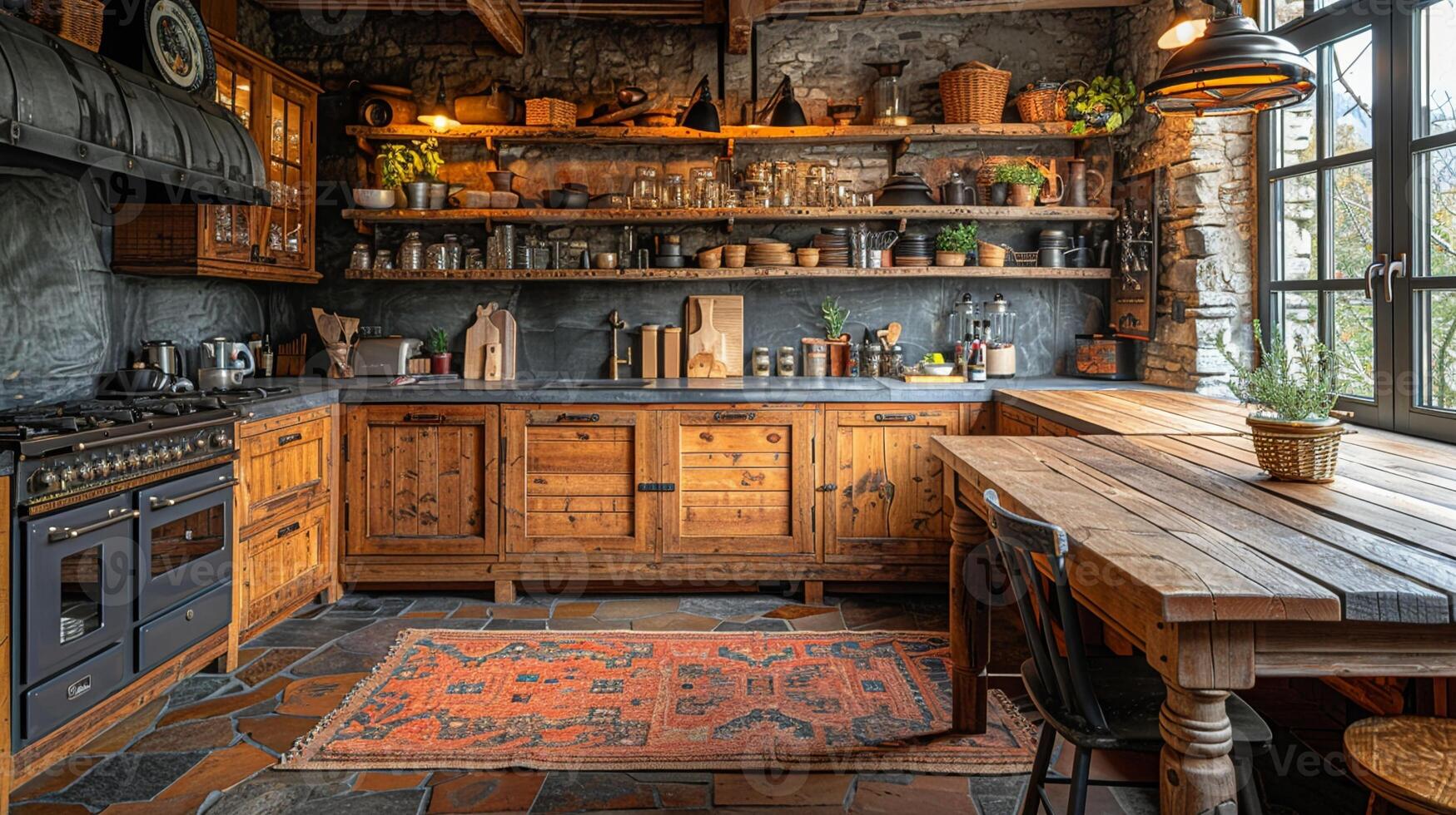 ai generado rústico casa de Campo cocina con un grande de madera mesa y antiguo accesorios foto