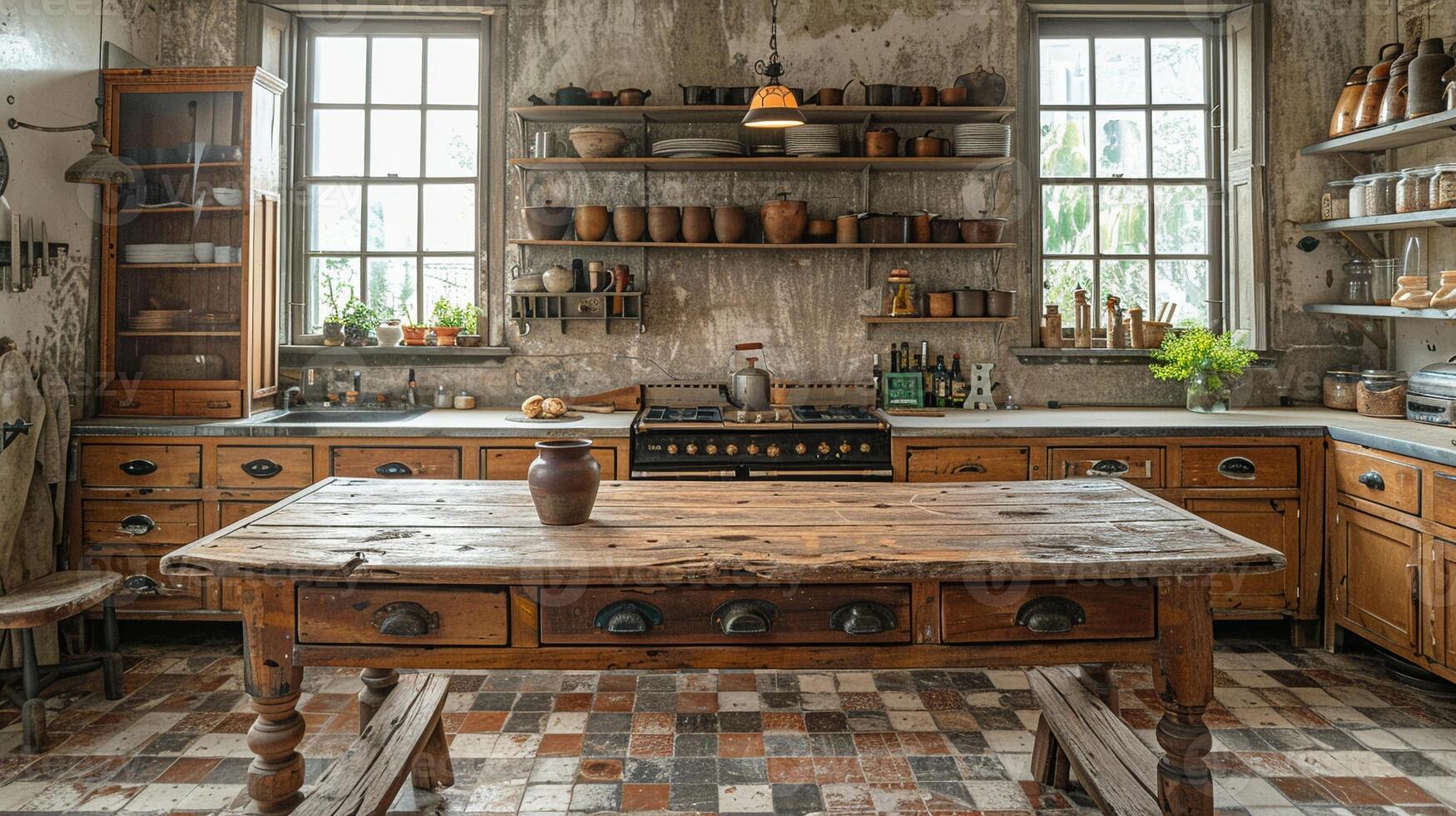 AI Generated Rustic farmhouse kitchen with a large wooden table and antique fixtures photo