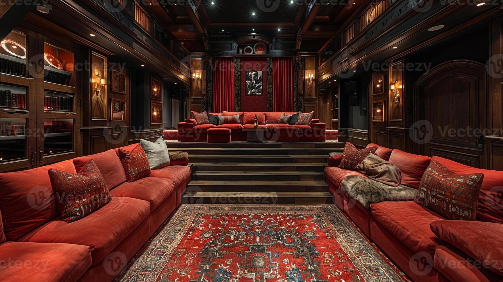 AI Generated Luxurious home theater with plush seating and state-of-the-art sound system photo
