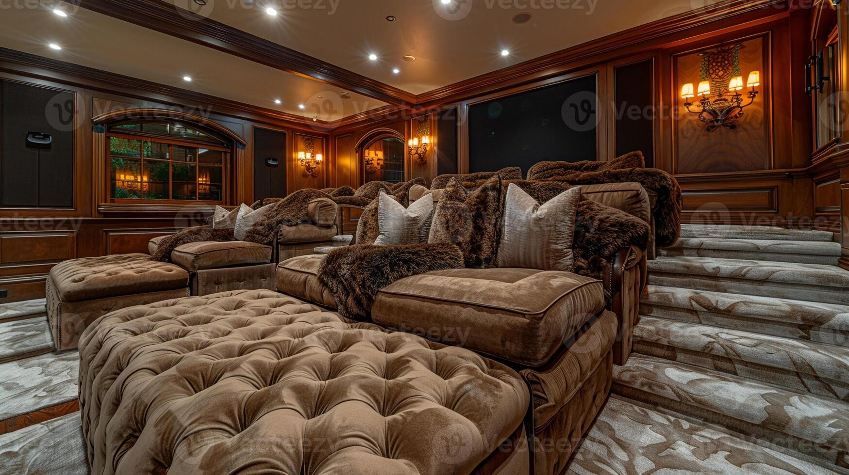 AI Generated Luxurious home theater with plush seating and state-of-the-art sound system photo