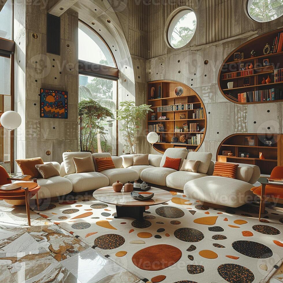 ai generado medio siglo moderno vivo habitación con icónico mueble y geométrico patrones foto