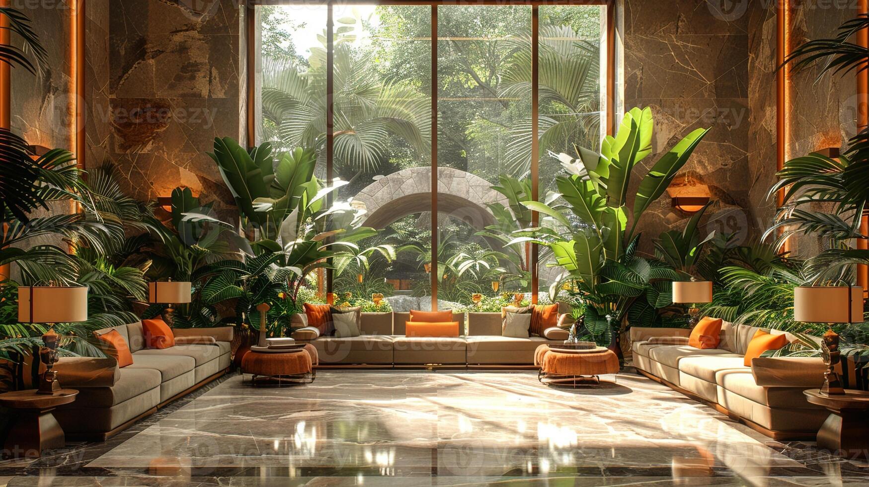 AI Generated Lavish hotel lobby with marble floors lush plants photo