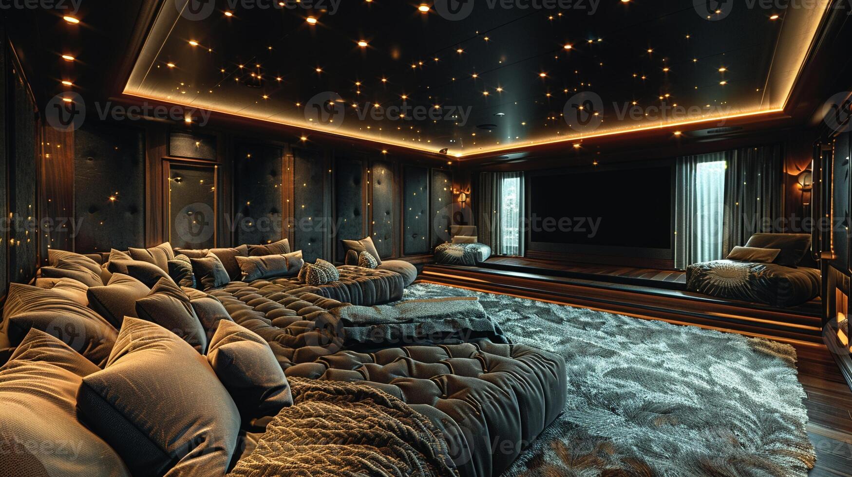 AI Generated Luxurious home theater with plush seating and state-of-the-art sound system photo