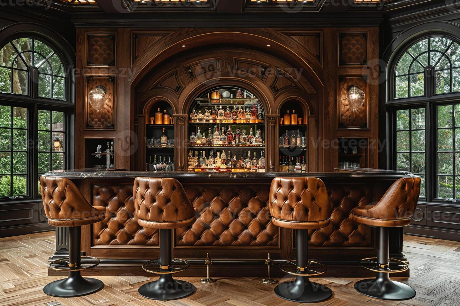 AI Generated Luxe home bar with dark wood paneling and leather bar stools photo