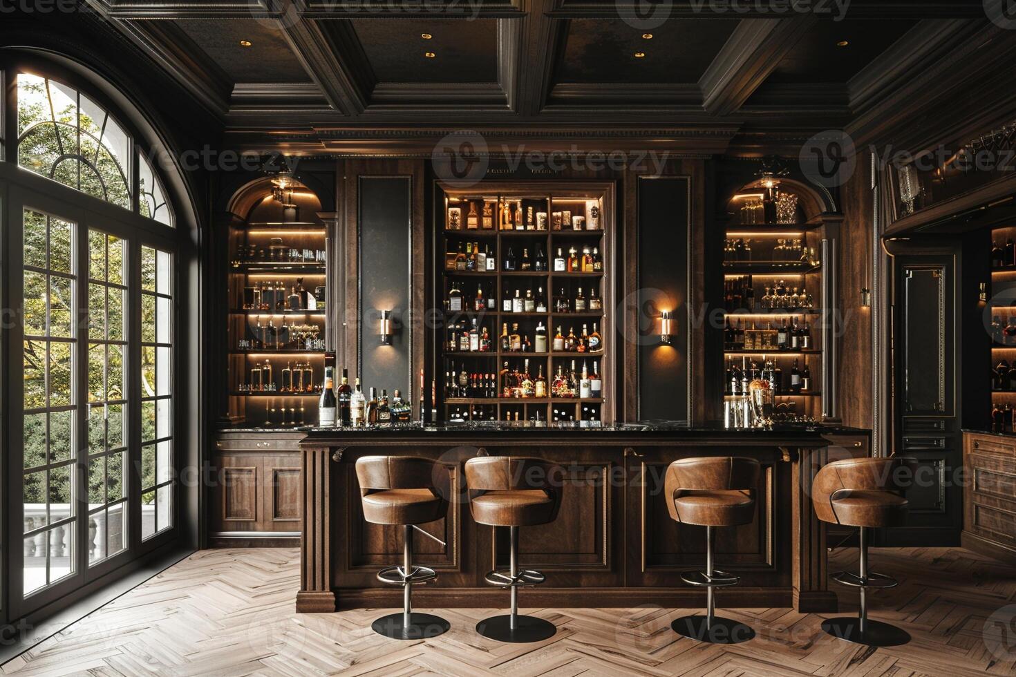AI Generated Luxe home bar with dark wood paneling and leather bar stools photo