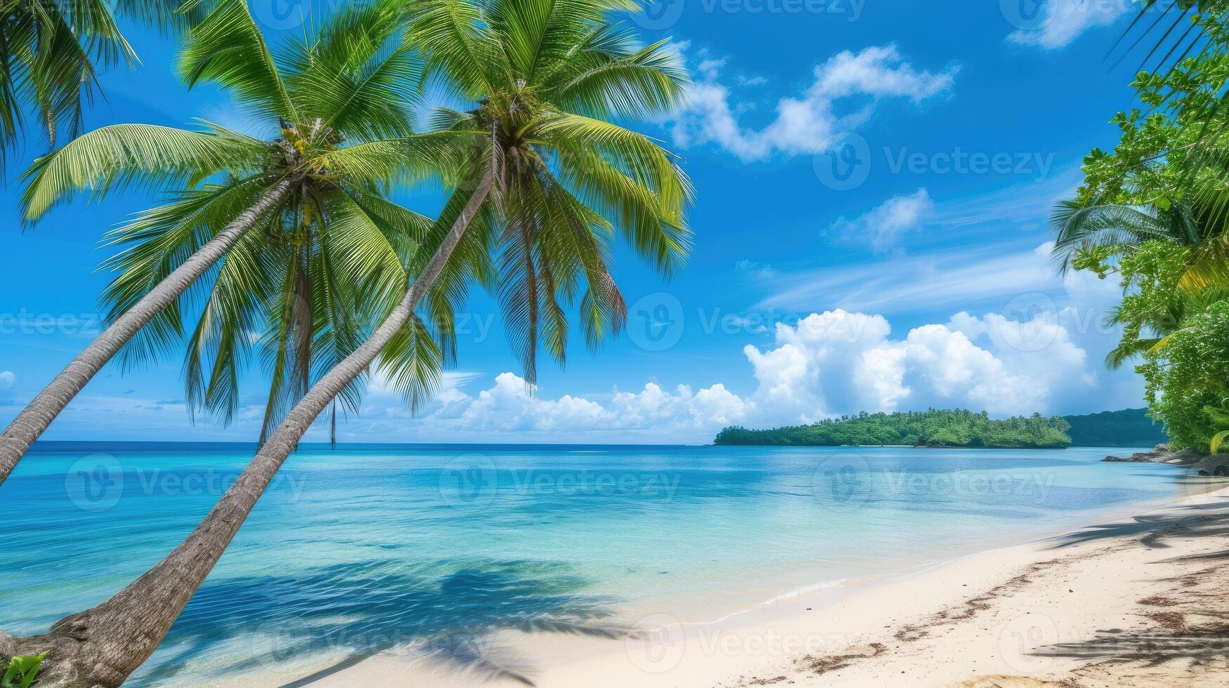 AI generated a tropical beach view beneath swaying palms. Ai Generated photo