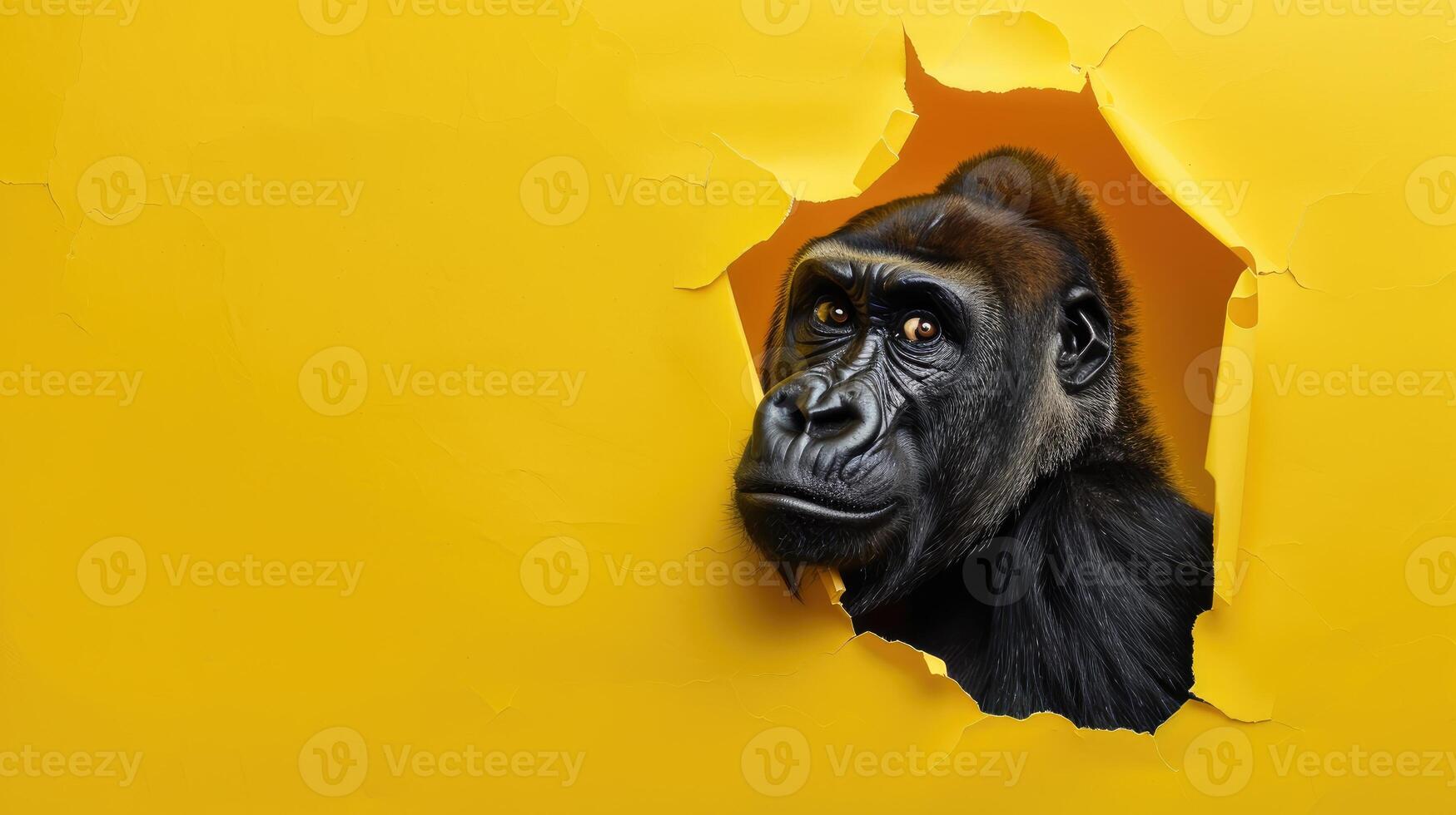 AI generated A humorous gorilla peers through a ripped hole in a contrast pastel color paper background, Ai Generated photo