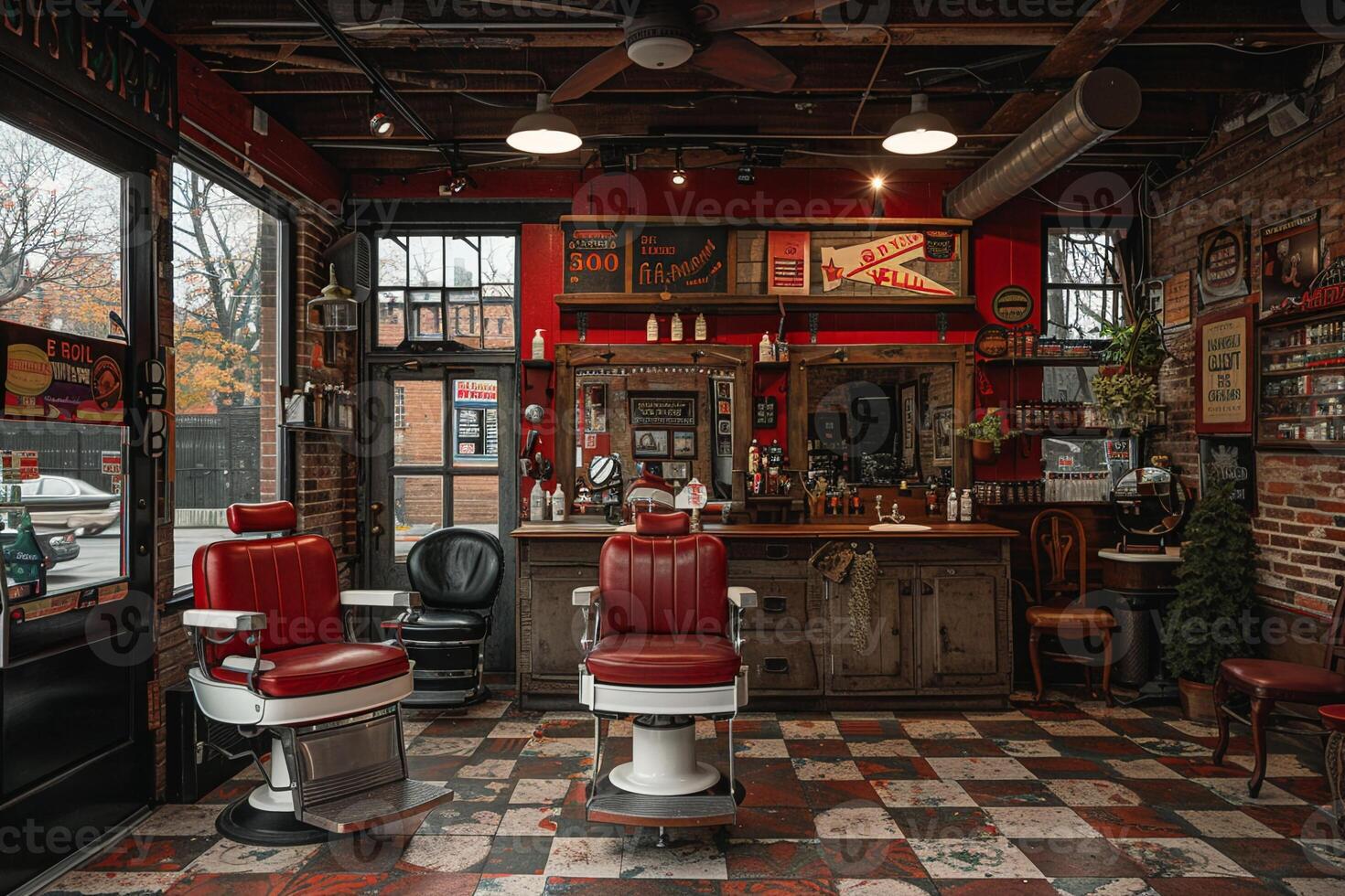AI Generated Vintage barbershop interior with classic chairs and nostalgic decor photo