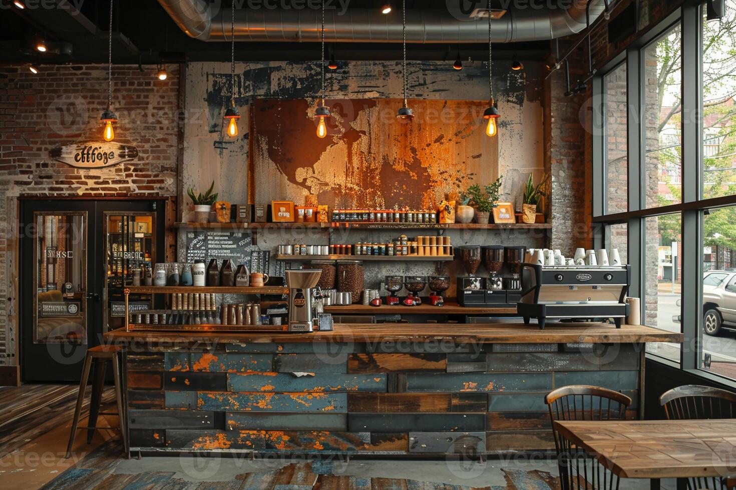 AI Generated Industrial chic coffee shop with metal accents and communal seating photo