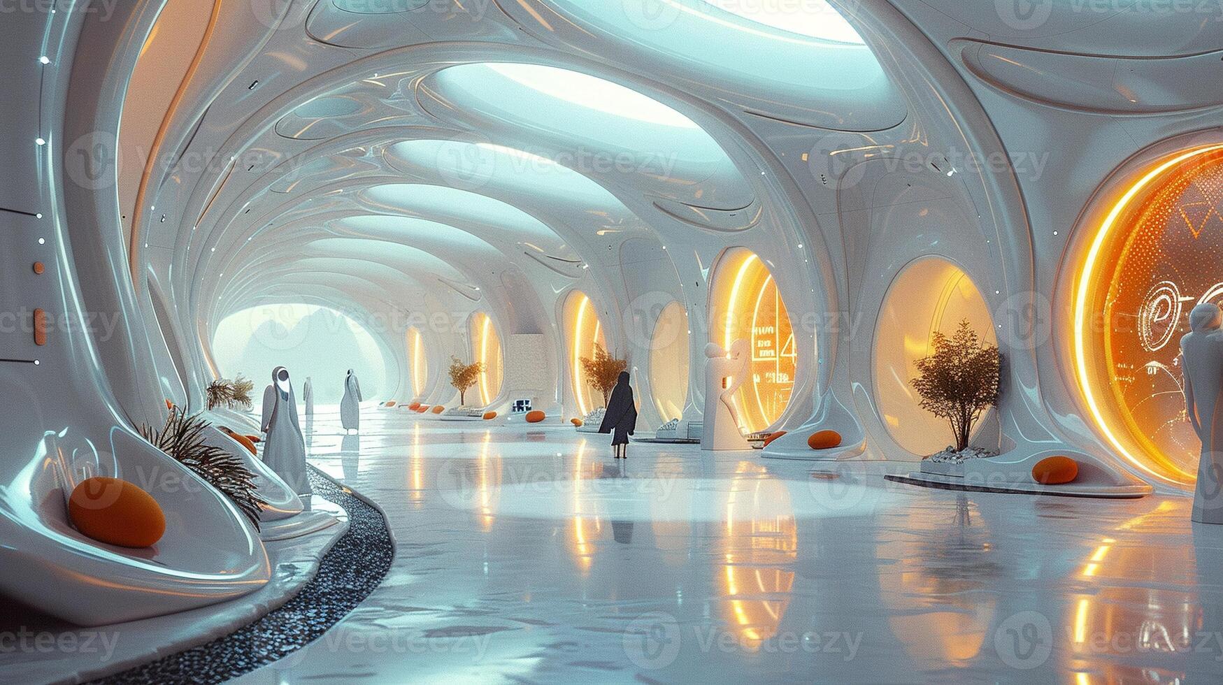AI Generated Futuristic lobby with interactive installations and high-tech features photo